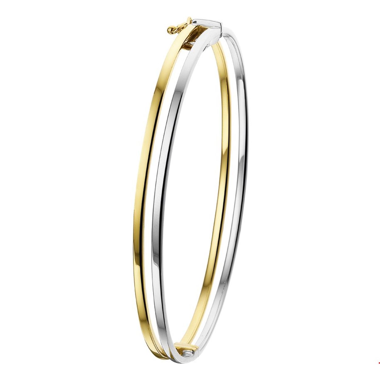 Beschrijving: Bicolor wit- en geelgouden slavenarmband. 
Verpakt per: 1
Doelgroep: dames
Breedte: 6 mm