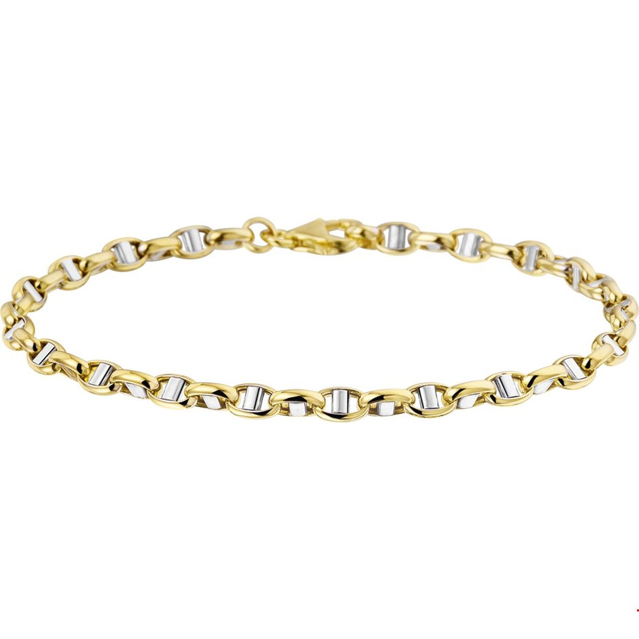 Deze prachtige 14krt bicolor geel- en witgouden armband is 19.5cm. De schakelbreedte van deze jasseron armband is 3.5mm.