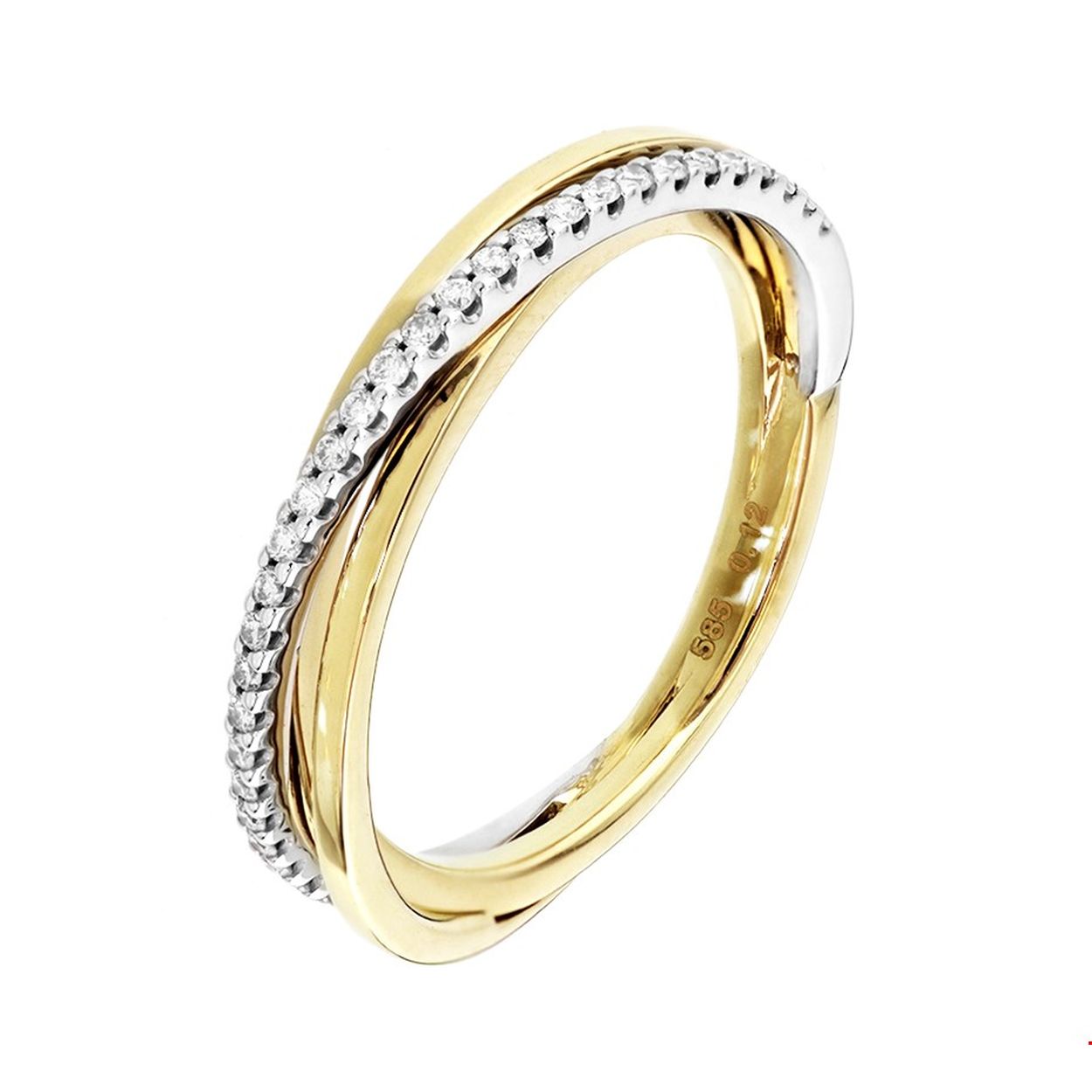 Bicolor geel en witgouden ring uitgevoerd met een chique rijzetting van diamant 0.12ct. Deze ring is perfect te combineren met andere sieraden of met  bijpassende sieraden uit onze collectie. Tip: Diamonds are girls best friends! Leuk om kado te geven aan je geliefde of dierbaren succes gegarandeerd!.
