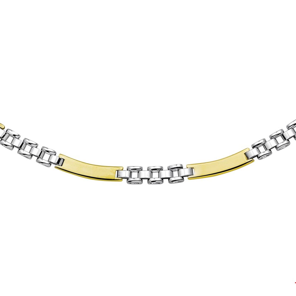 Beschrijving: Bicolor wit- en geelgouden schakelcollier. 
Doelgroep: dames
Breedte: 4 mm
Langste lengte: 45 mm