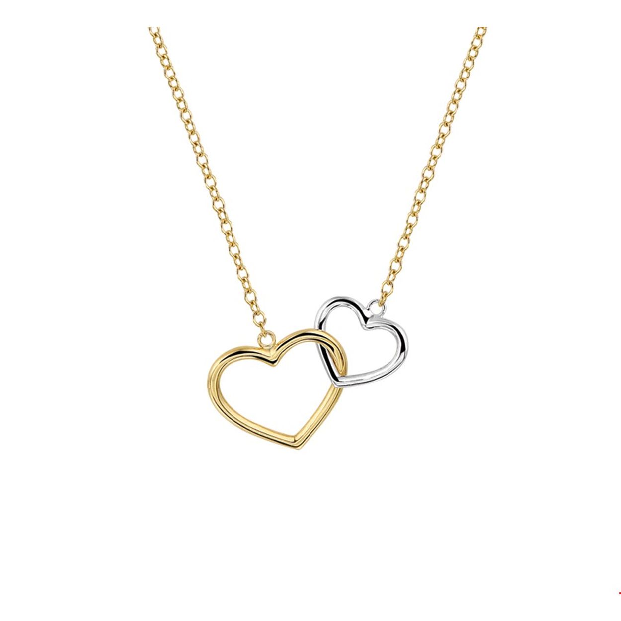 Bicolor geel en witgouden 1.3mm anker collier met draaglengtes van 40 42 en 44 cm is uitgevoerd met dubbele harten het kleine hartje 8x9.5mm en het grote hartje11x13mm. Het collier heeft een stevige karabijn sluiting.

Doelgroep: dames
Breedte: 13 mm
Kortste lengte: 40 mm
Langste lengte: 44 mm
Hoogte: 13 mm