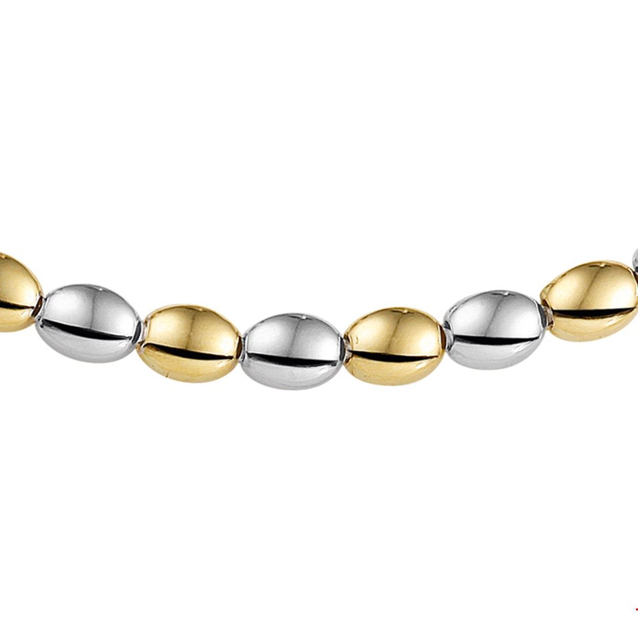 Beschrijving: Bicolor wit- en geelgouden choker collier. 
Verpakt per: 1
Doelgroep: dames
Breedte: 6.5 mm
Langste lengte: 45 mm