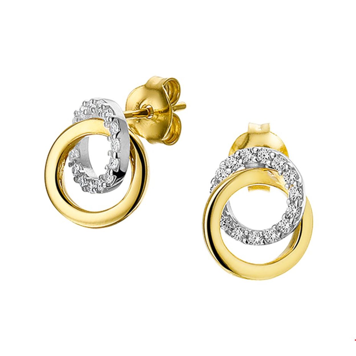 Beschrijving: Bicolor wit- en geelgouden oorknoppen met zirkonia en een poli afwerking. 
Verpakt per: 1
Doelgroep: dames
Breedte: 8 mm
Hoogte: 10.5 mm
Zetting: entourage (rijzetting)