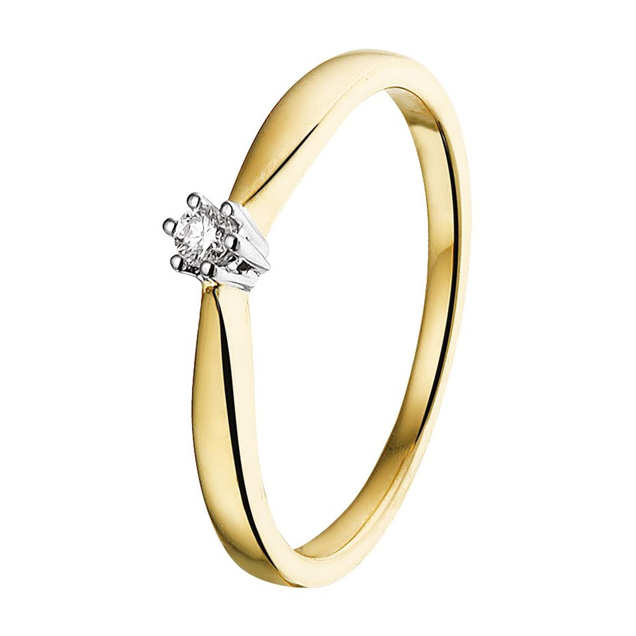 Klassieke bicolor geel en witgouden ring met een briljant geslepen diamant van 2mm en 0.05ct. in een chaton zetting. De ring heeft een scheenbreedte van 3.0mm en heeft een polit afwerking. De diamantkleur is H en de zuiverheid is SI2. De ring is perfect te combineren met een van onze andere sieraden in zowel geel als witgoud.