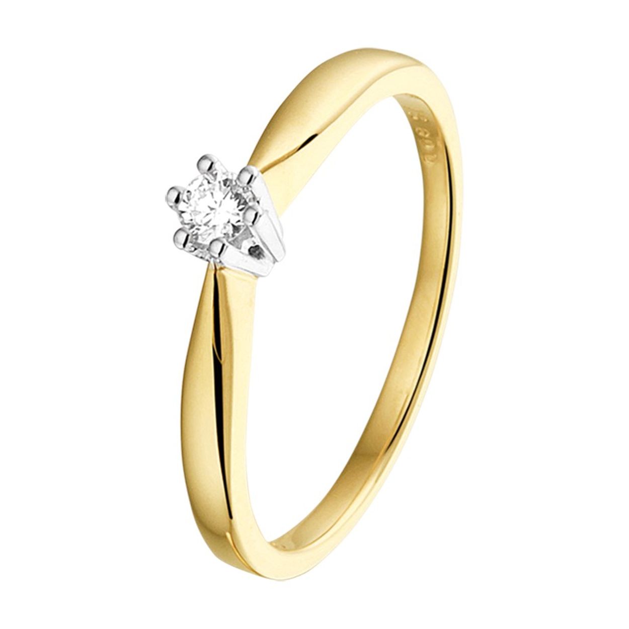 Klassieke bicolor geel en witgouden ring met een briljant geslepen diamant van 3mm en 0.08ct. in een chaton zetting. De ring heeft een scheenbreedte van 4.0mm en heeft een polit afwerking. De diamantkleur is H en de zuiverheid is SI2. De ring is perfect te combineren met een van onze andere sieraden in zowel geel als witgoud.