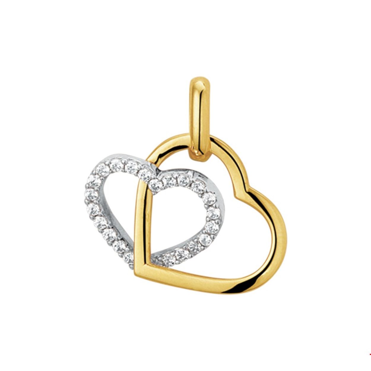 Stijlvol bicolor wit- en geelgouden harten hanger uitgevoerd met een luxe rijzetting van briljant geslepen zirkonia. De harten hebben een afmeting van 19.5x15.5mm en een stevig hangoog. Tip: Leuk om kado te doen aan je geliefde of dierbare. Combineer deze hanger met een van onze colliers uit onze collectie en de hanger kan gelijk om!.