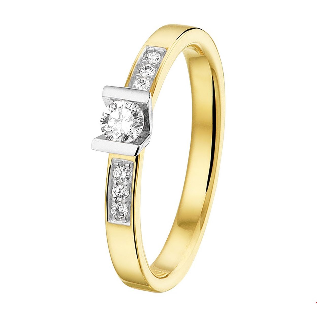 14k Bicolor geel- en witgouden ring uitgevoerd met een diamant rij. De ring heeft een breedte van 3.5mm en de solitair diamant heeft een diamantgewicht van 0.14ct.