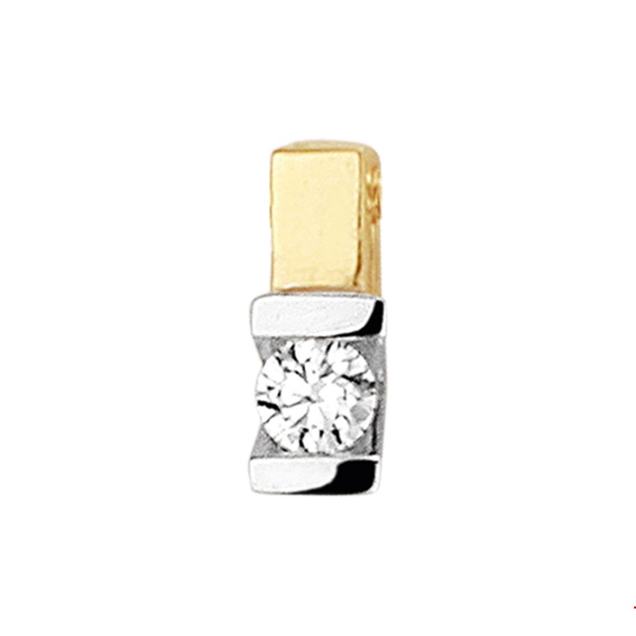 Bicolor geel en witgouden hanger van 7.8x3mm uitgevoerd met een ingespannen briljant geslepen diamant van 0.075ct. De hanger is te combineren met bijpassende sieraden uit onze collectie.Tip: Combineer deze hanger met een collier uit onze collectie en de hanger kan direct om!