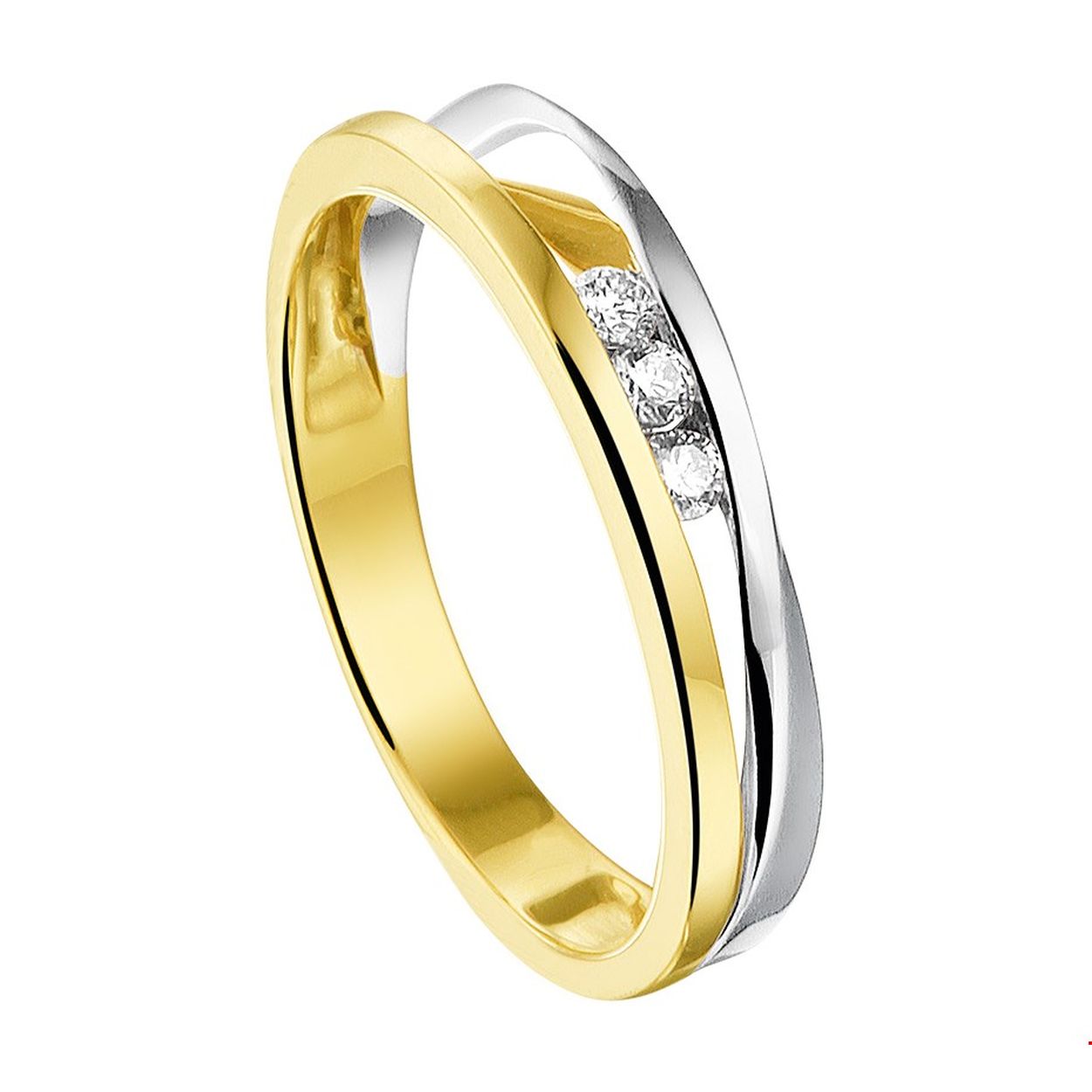 Chique bicolor geel en witgouden ring van 4.5mm breed uitgevoerd met een luxe rijzetting van 0.09ct.. De ring is te combineren met bijpassende sieraden uit onze collectie.