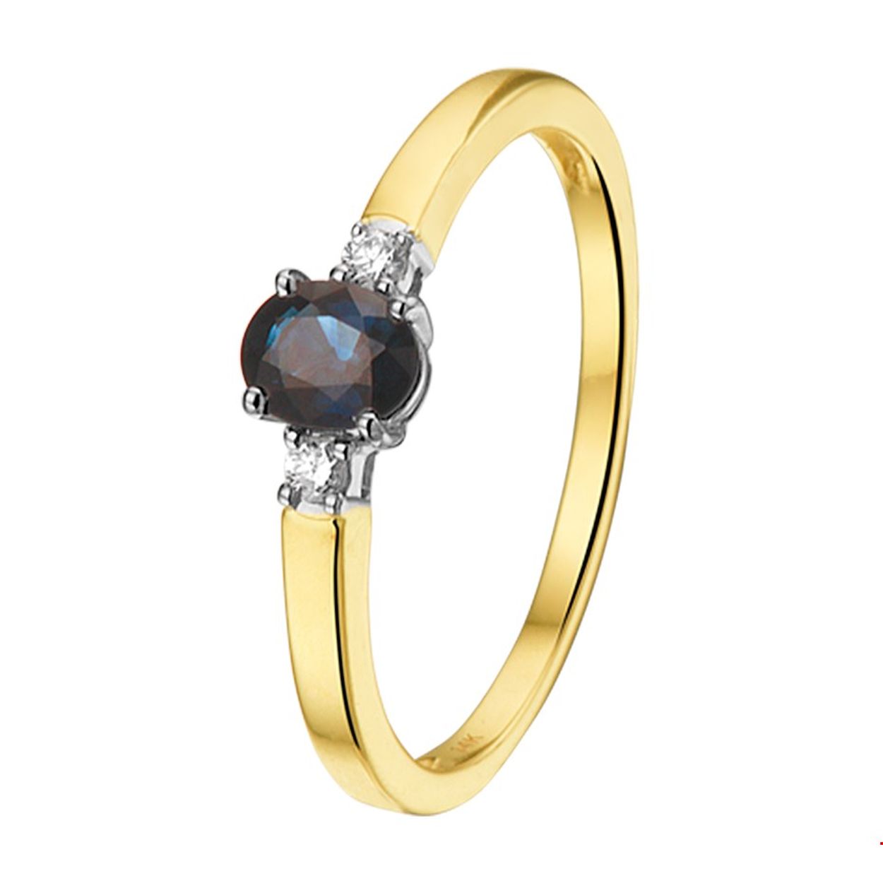 Bicolor geel en witgouden ring van 5mm breed uitgevoerd met een luxe solitaire saffier steen en een rijzetting van diamant 0.05ct. Tip: Leuk om kado te doen aan dierbare of je geliefde. Diamonds are girls best friend!.