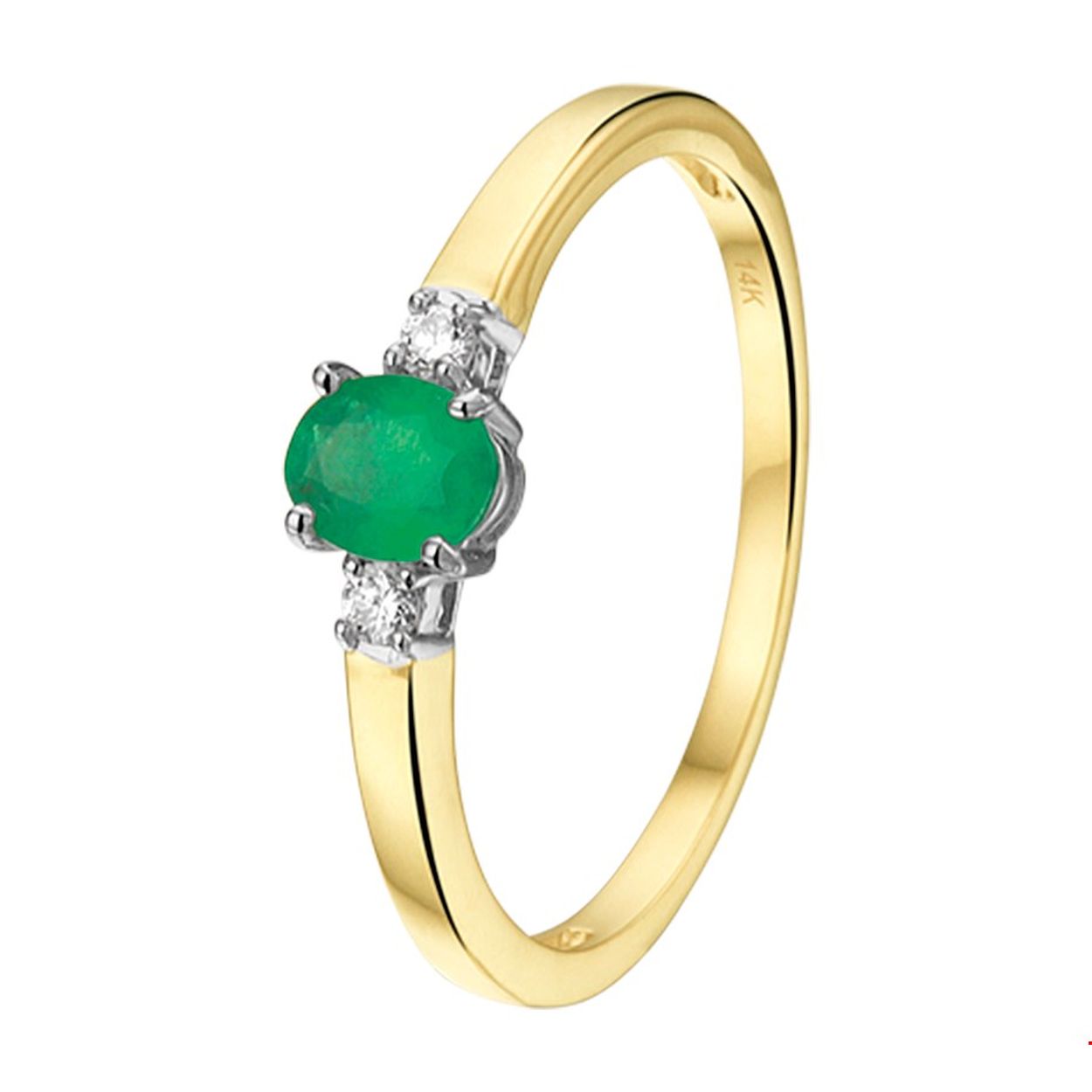 Bicolor geel en witgouden ring van 5mm breed uitgevoerd met een luxe solitaire smaragd steen en een rijzetting van diamant 0.05ct. Tip: Leuk om kado te doen aan dierbare of je geliefde. Diamonds are girls best friend!.