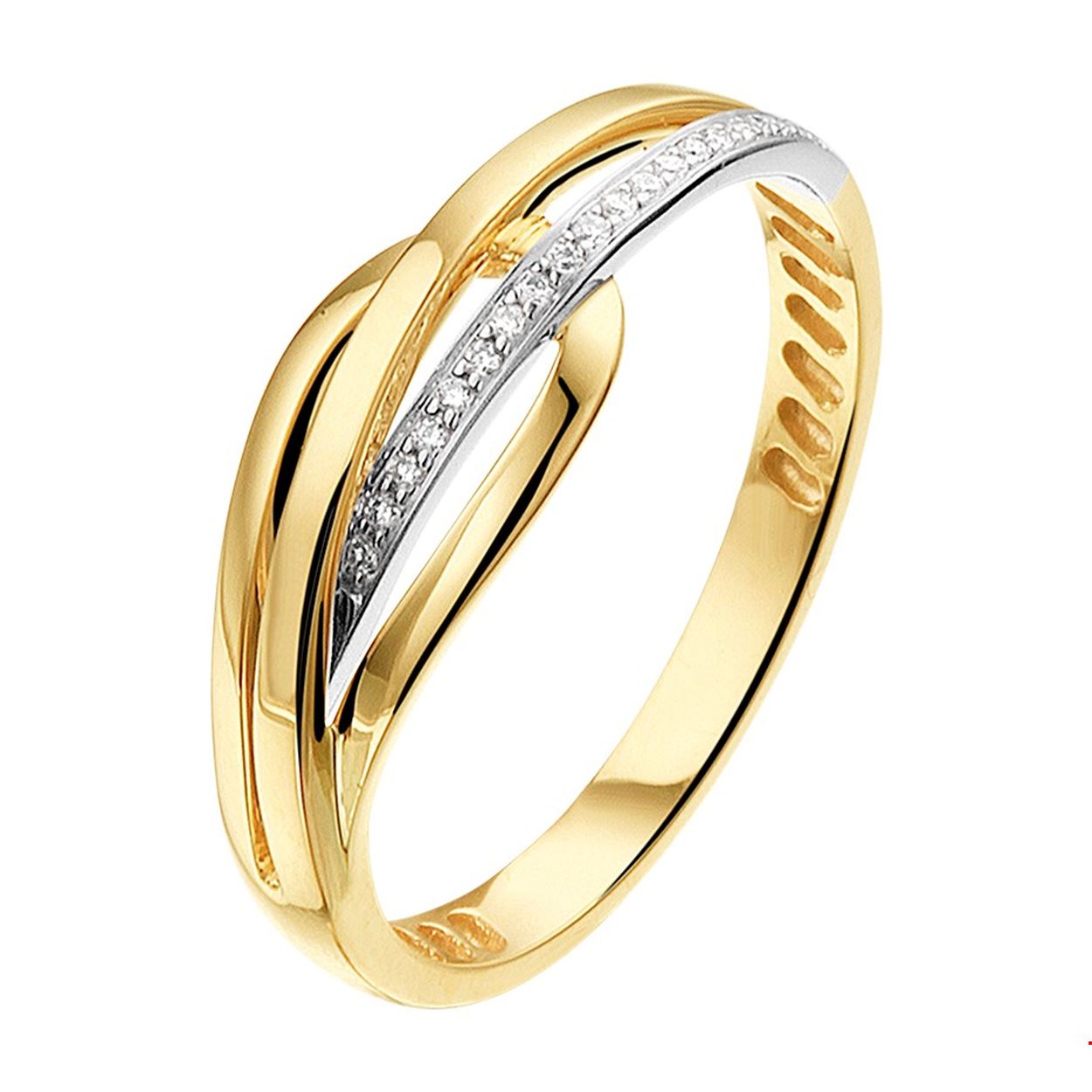 Chique bicolor geel en witgouden ring van 6.5mm breed uitgevoerd met een luxe rijzetting van briljant geslepen diamant 0.05ct. De rijzetting van diamanten geven dit sieraad een exclusieve uitstraling. De stenen schitteren elegantie uit en zijn een ware eyecatcher. Tip: Leuk om kado te geven aan dierbare of geliefde!. Diamonds are girls best friend!.