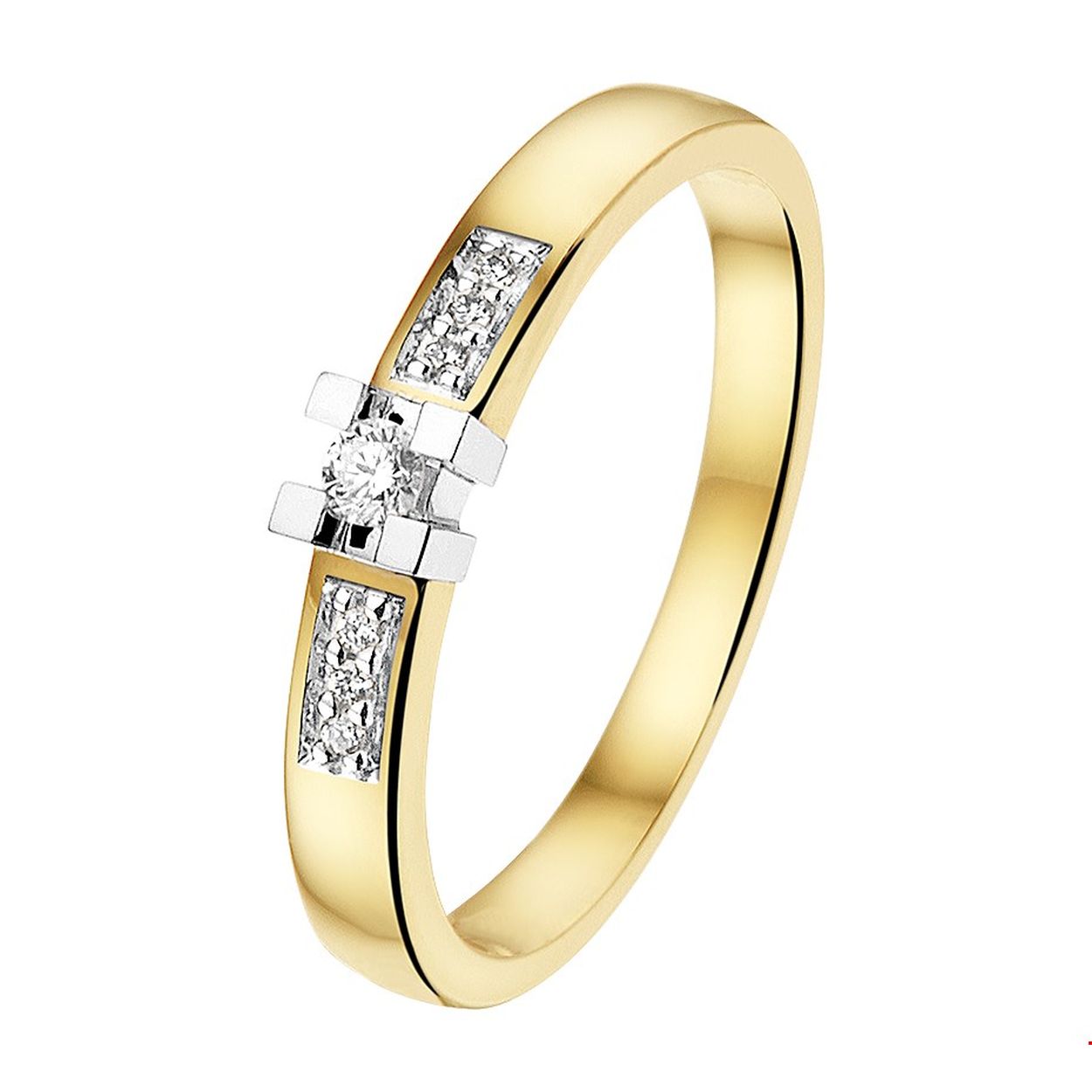 Chique bicolor geel en witgouden ring van 3.5mm breed uitgevoerd met een luxe rijzetting van briljant geslepen diamant van 0.08ct. De rijzetting van diamanten zorgt voor een schitterende elegante look.