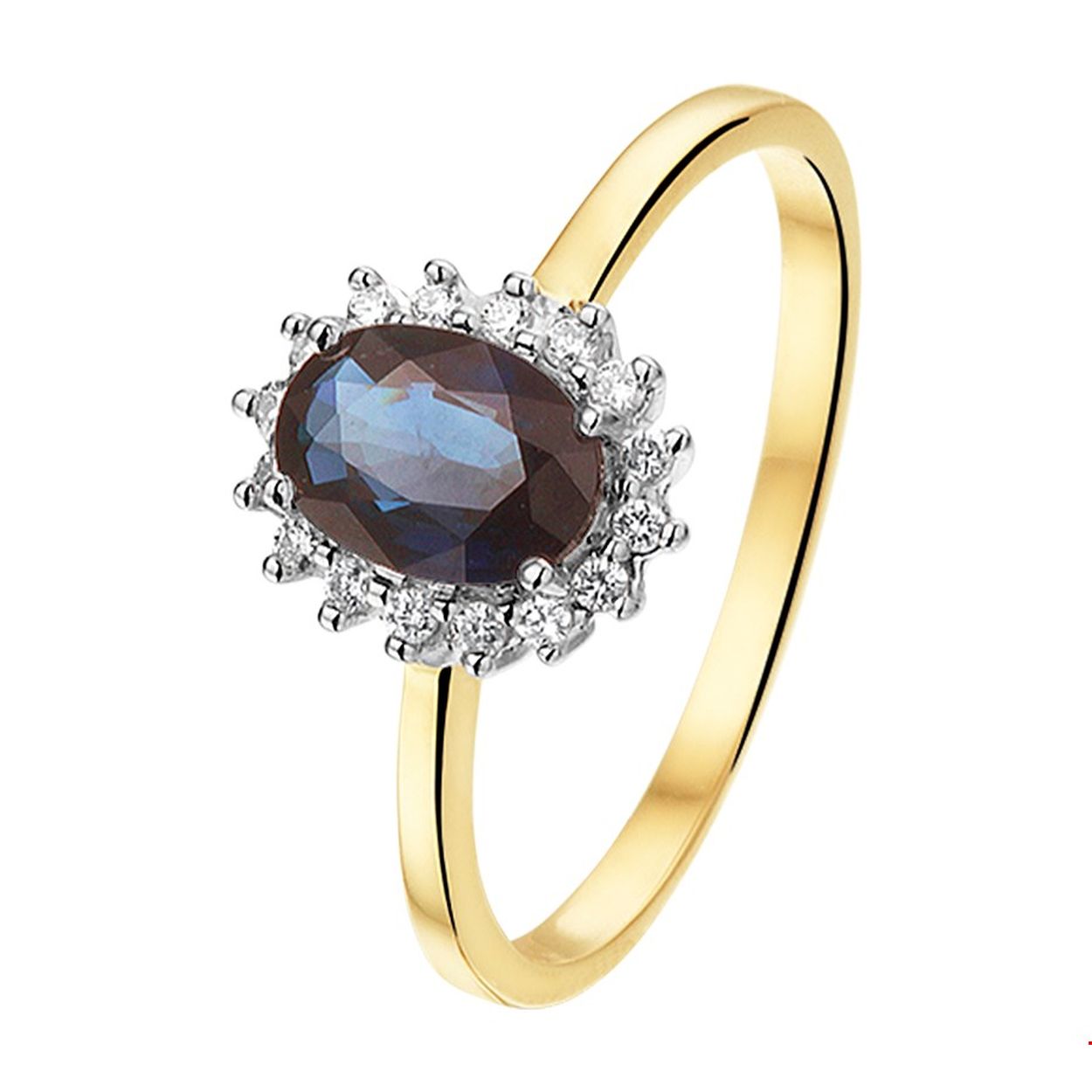 Chique bicolor geel en witgouden ring uitgevoerd met een saffier van 7x5mm en een luxe rozet van briljant geslepen diamant 0.11ct H SI. Deze elegante ring geeft uw outfit op een subtiele wijze een elegante uitstraling. Tip: Leuk om kado te geven. Diamonds are girls best friend!