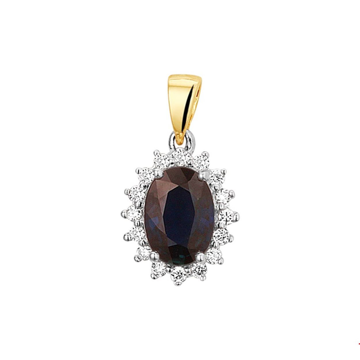 Bicolor geel en witgouden hanger met een hoogte van 1.4cm en hanger van 7x5mm uitgevoerd met saffier en briljant geslepen diamant in een luxe rijzetting 0.11ct H SI. De hanger is onderdeel van een set en is te verkrijgen in verschillende afmetingen.