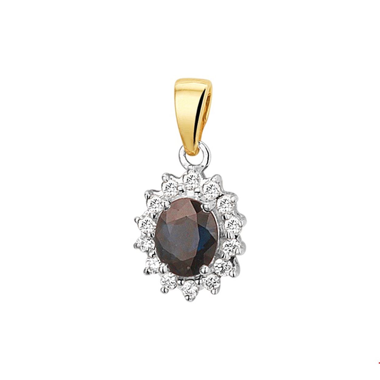 Chique bicolor geel en witgouden hanger met een hoogte van 1.4cm en hanger van 5x4mm uitgevoerd met saffier en briljant geslepen diamant in een luxe rijzetting 0.10ct H SI. De combinatie van de ovaal geslepen saffier en de schitterende diamanten maken dit sieraad tot een ware eyecatcher. Tip: Leuk om kado te geven! Diamonds are girls best friend!