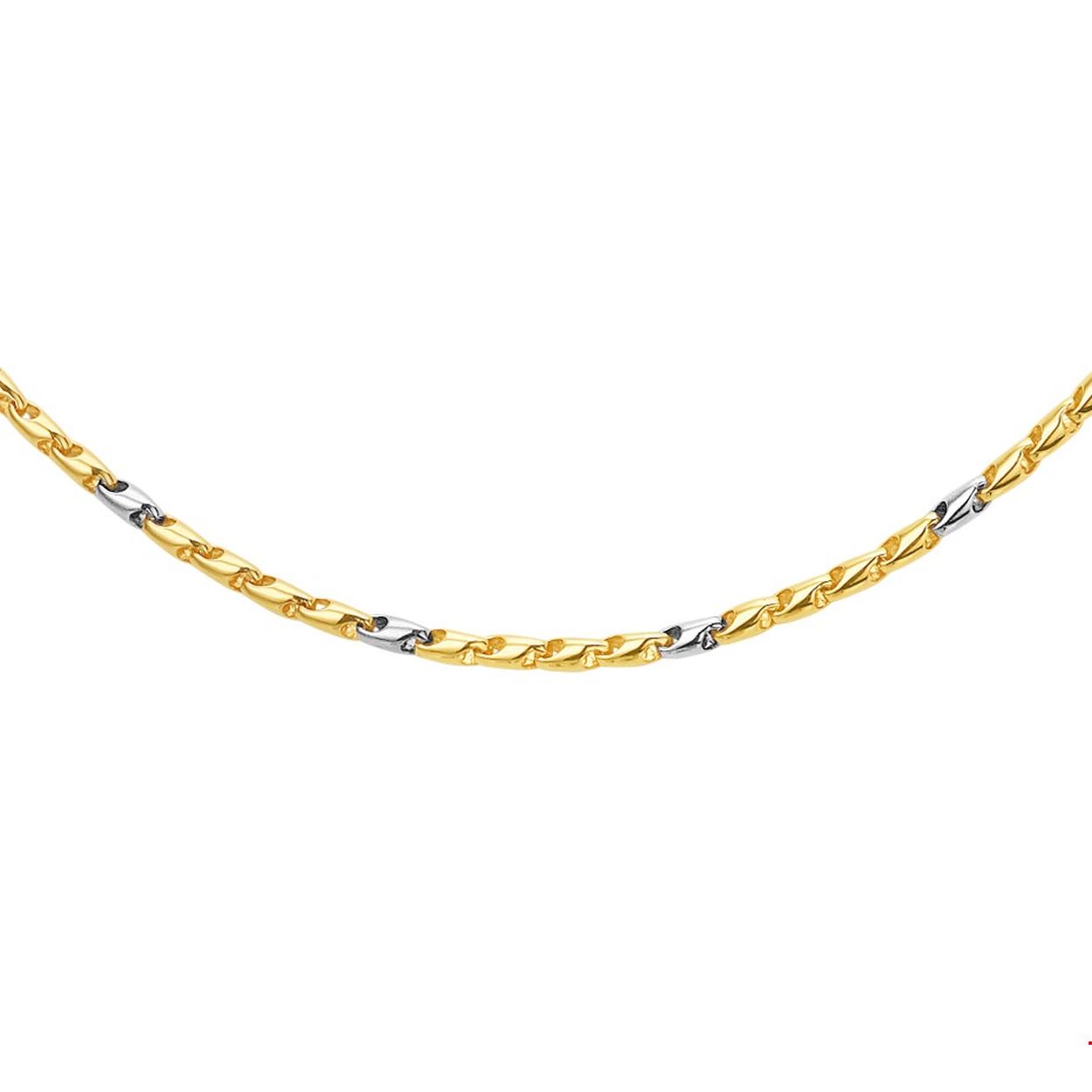 Beschrijving: Bicolor wit- en geelgouden 2.5mm brede collier met een lengte van 45cm. De strakke schakel en de tweekleurige metaalsoorten maken dit sieraad tot een ware eyecatcher.
Doelgroep: dames
Breedte: 2.5 mm
Langste lengte: 45 cm