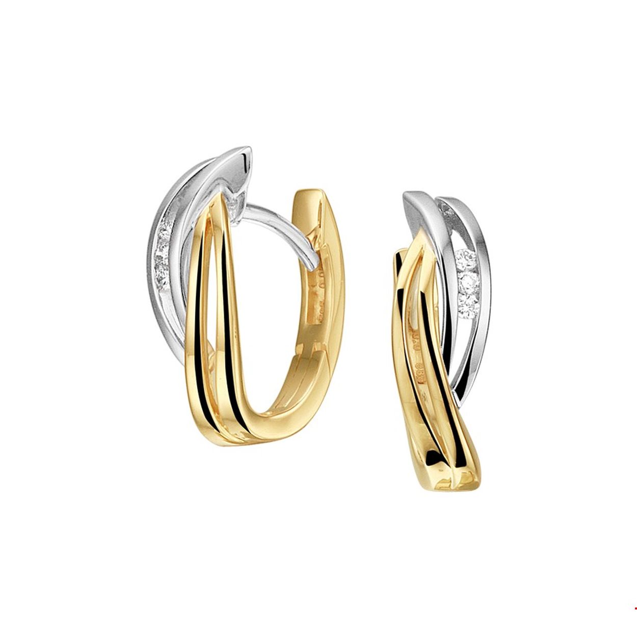 Bicolor wit- en geelgouden klapcreolen met diamant. De perfecte balans tussen klassiek en glamour. De creolen staan garant voor een stijlvolle look en laten zich makkelijk combineren bij andere sieraden. 

Breedte: 5 mm

Hoogte: 15.5 mm