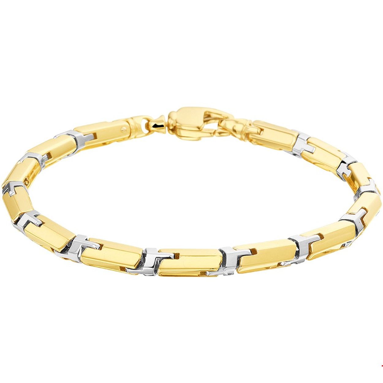 De moderne man weet dat sieraden allang niet meer alleen voor vrouwen zijn! Deze prachtige bicolor wit- en geelgouden armband heeft een draaglengte van 21cm en een schakelbreedte van 5mm.Uitgevoerd met een stevig karabijn slot.