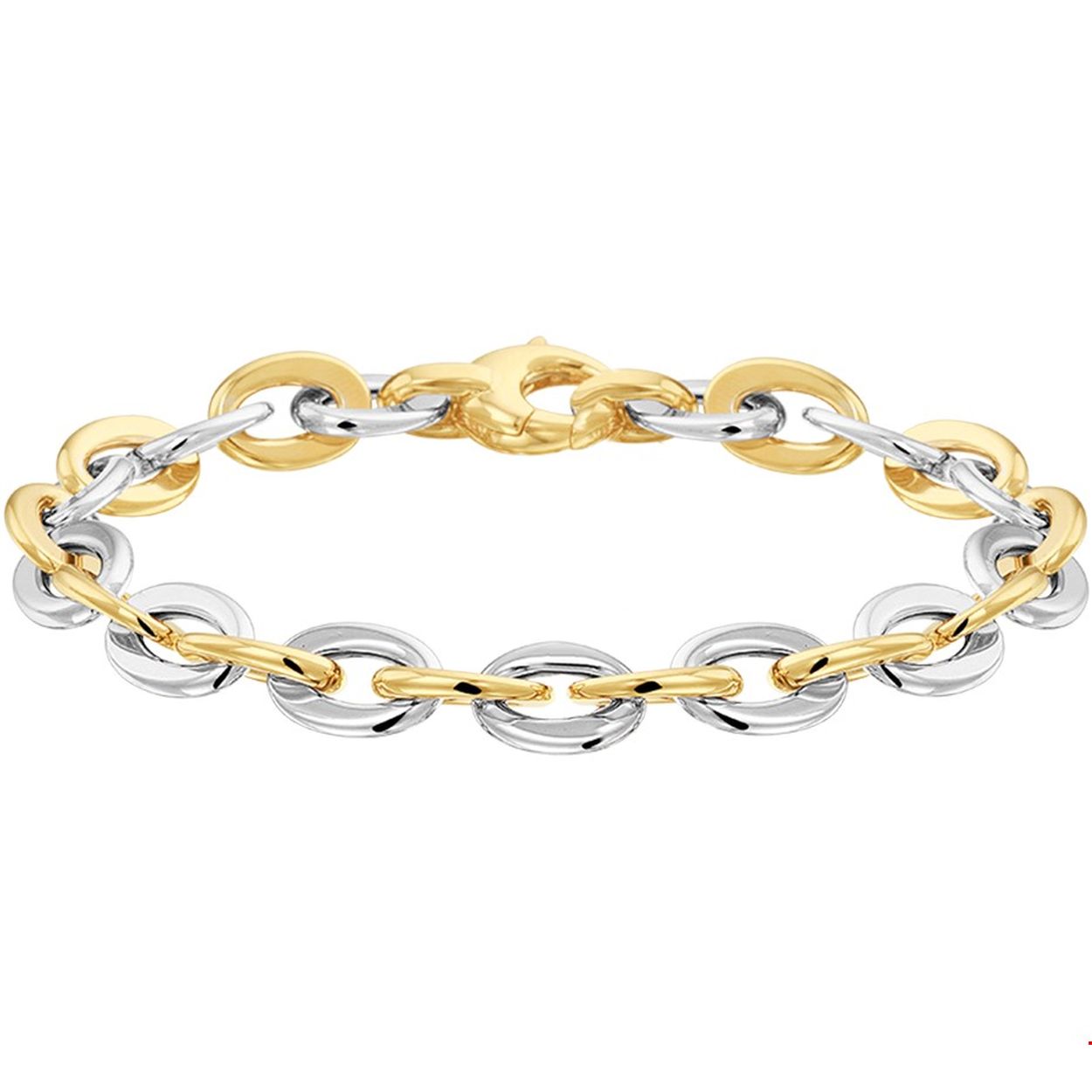 Bicolor wit- geelgouden armband met een lengte van 19.5cm en schakelbreedte van 8mm. De armband is te combineren met bijpassende sieraden uit onze collectie.