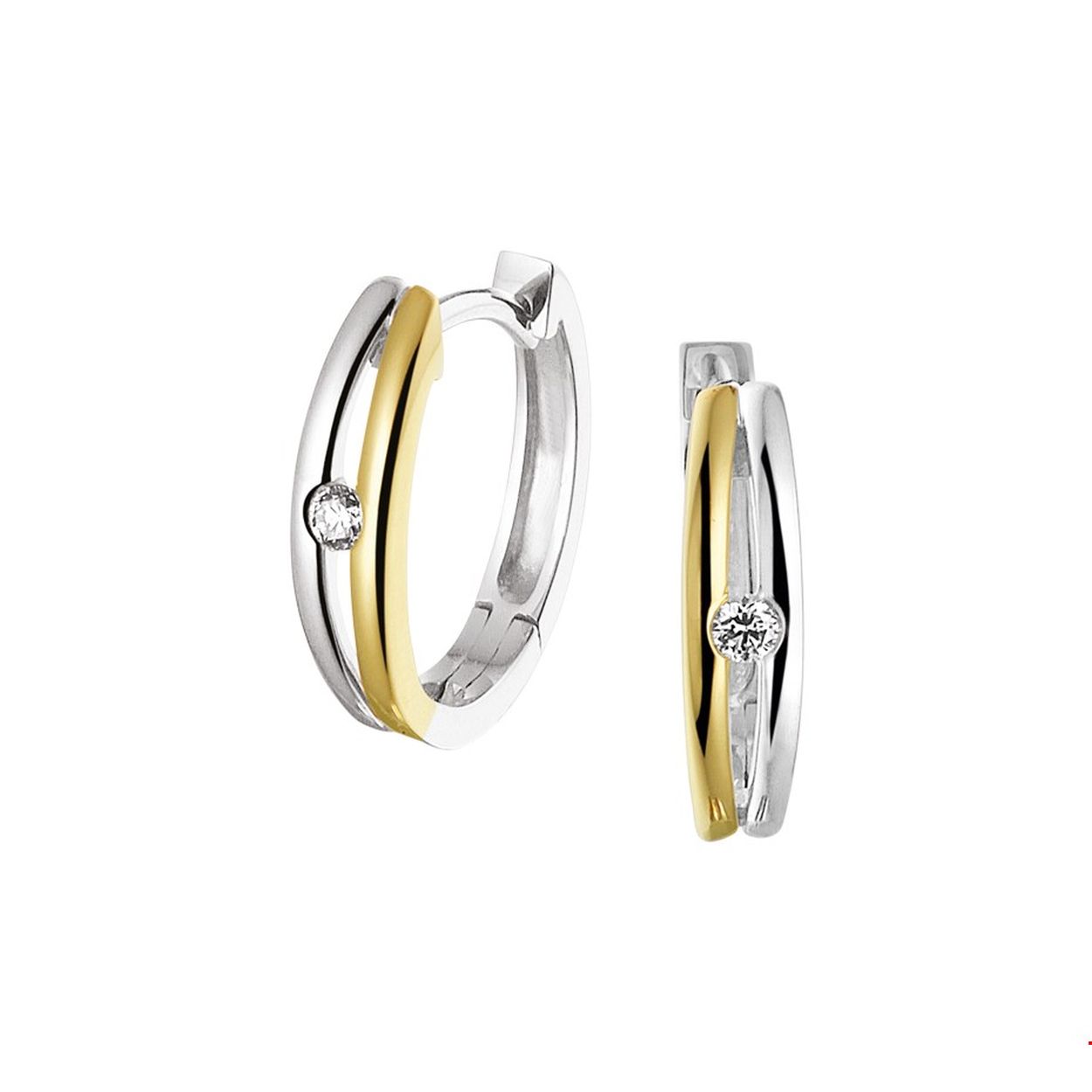Bicolor 14kt. gouden klapcreolen met 0.07ct. diamant (H-Si).