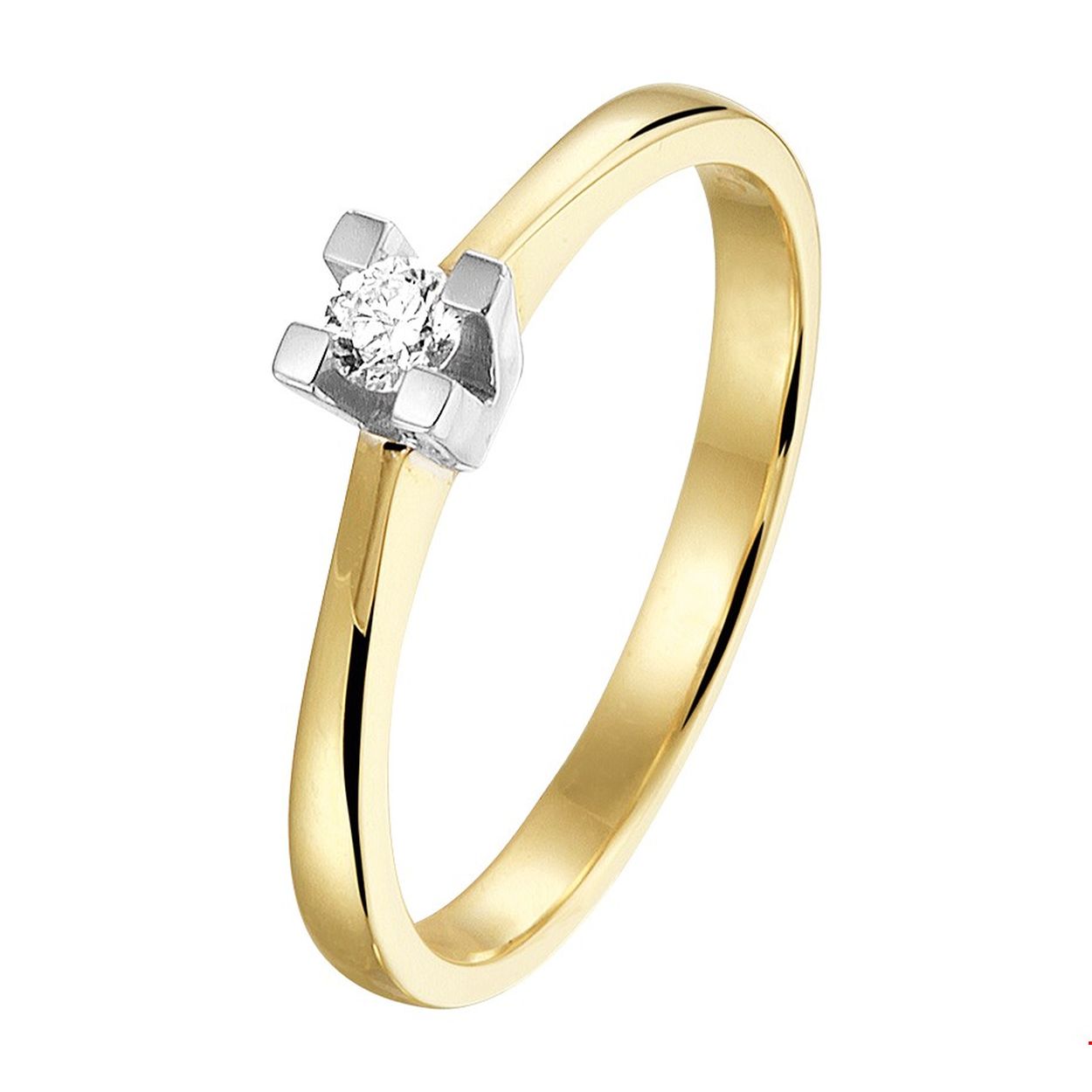 Beschrijving: Luxe bicolor geel- en witgouden ring met een breedte van 4mm uitgevoerd met een briljant geslepen diamant van 0.10ct. Tip: Perfect kado voor dierbare of geliefde! Diamonds are girls best friend!