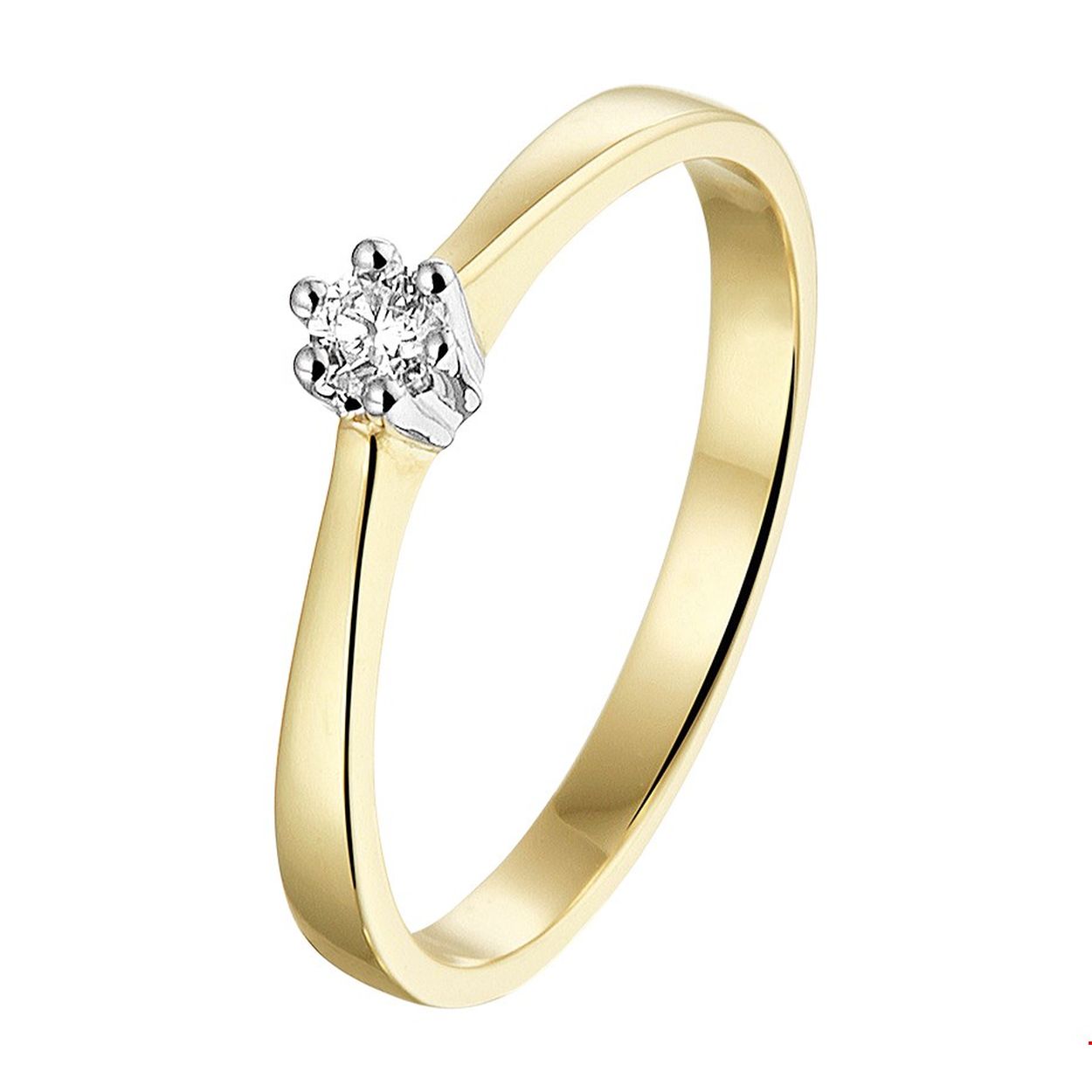 Luxe bicolor geel- en witgouden ring met een breedte van 4mm uitgevoerd met een briljant geslepen diamant van 0.10ct. Tip: Perfect kado voor dierbare of geliefde! Diamonds are girls best friend!