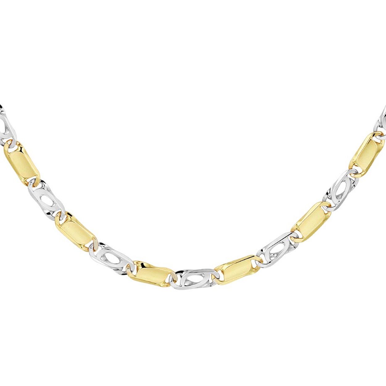 14k Bicolor wit- en geelgouden collier met een valkenoog schakel. Het collier heeft een draaglengte van 50cm en is uitgevoerd met een karabijn sluiting.