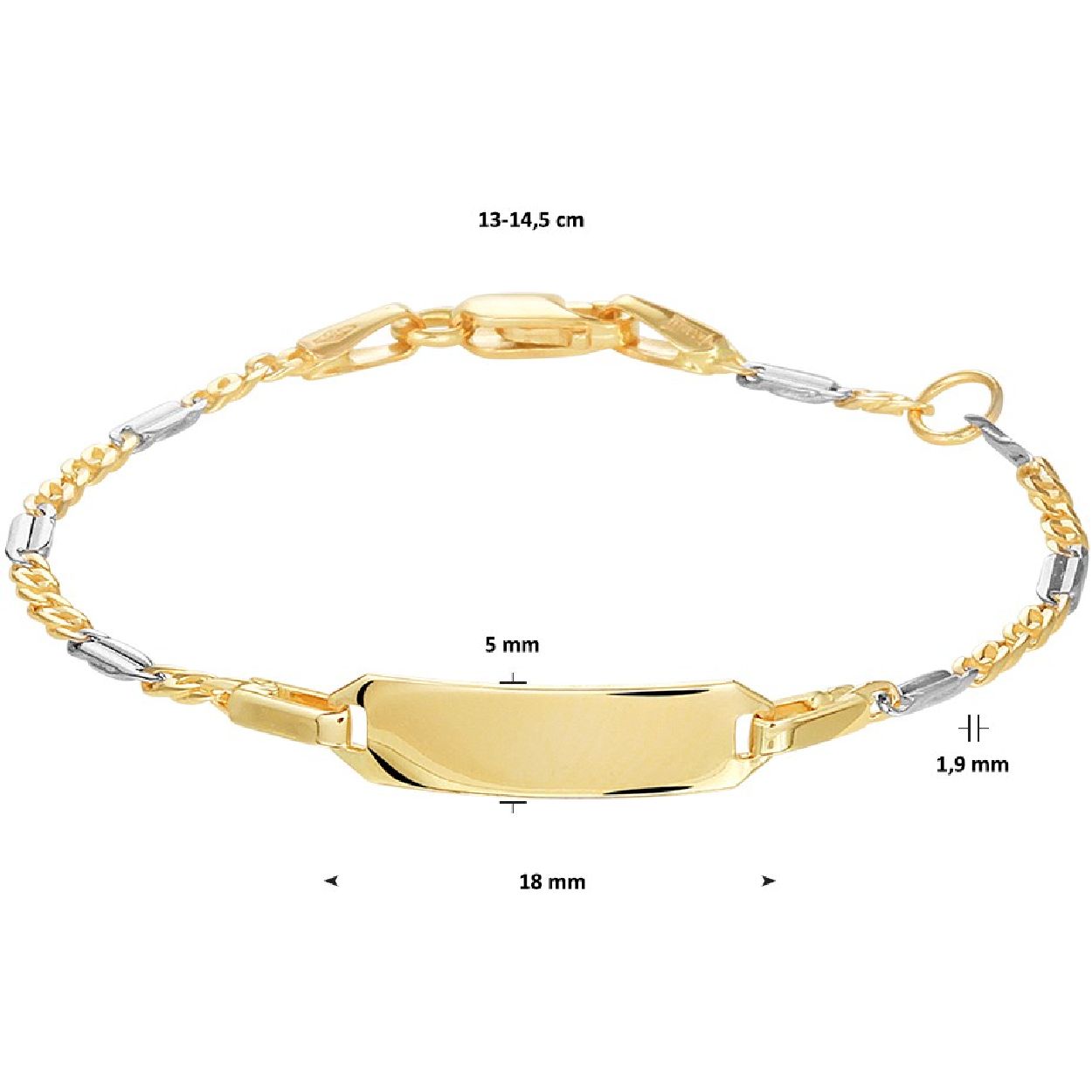De armband is gemaakt van bicolor goud en is goudkleurig. Het is een sieraad voor kinderen.