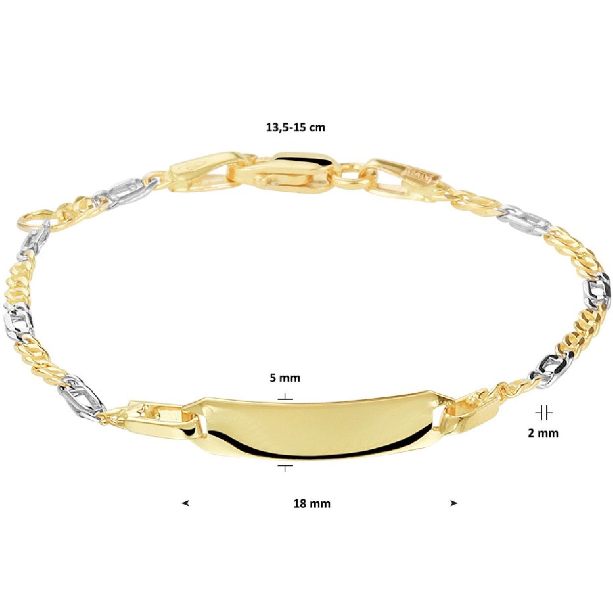 De armband is gemaakt van bicolor goud en is goudkleurig. Het is een sieraad voor kinderen.