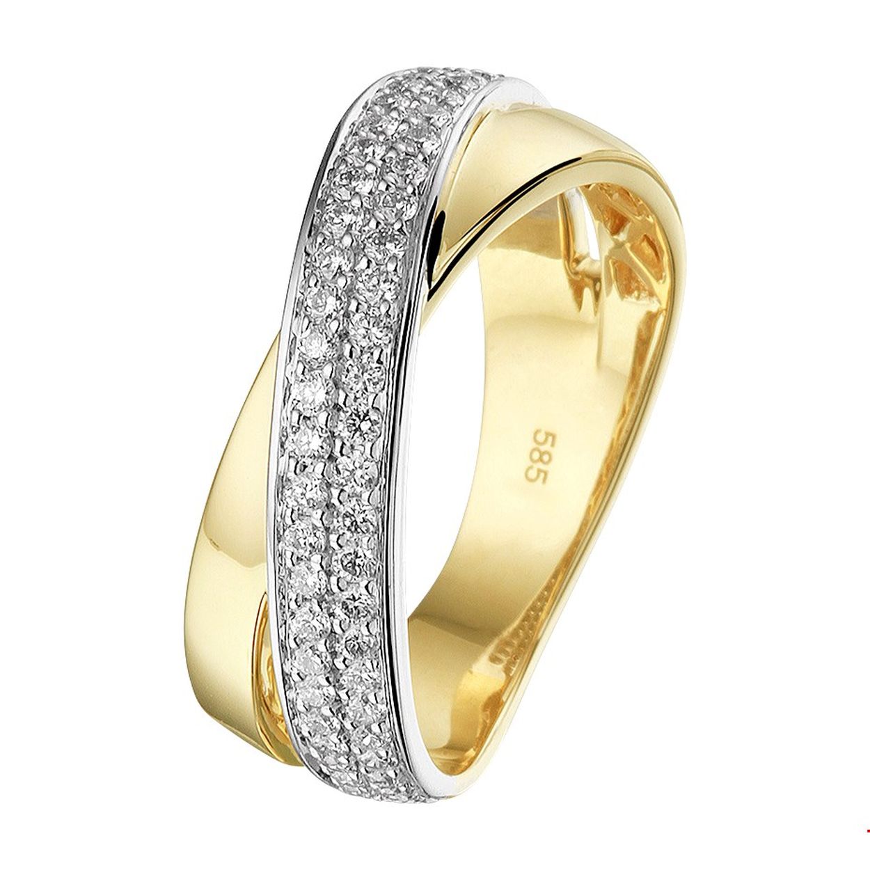 Stijlvolle bicolor geel- en witgouden ring met 2 schitterende briljant geslepen diamant rijen.