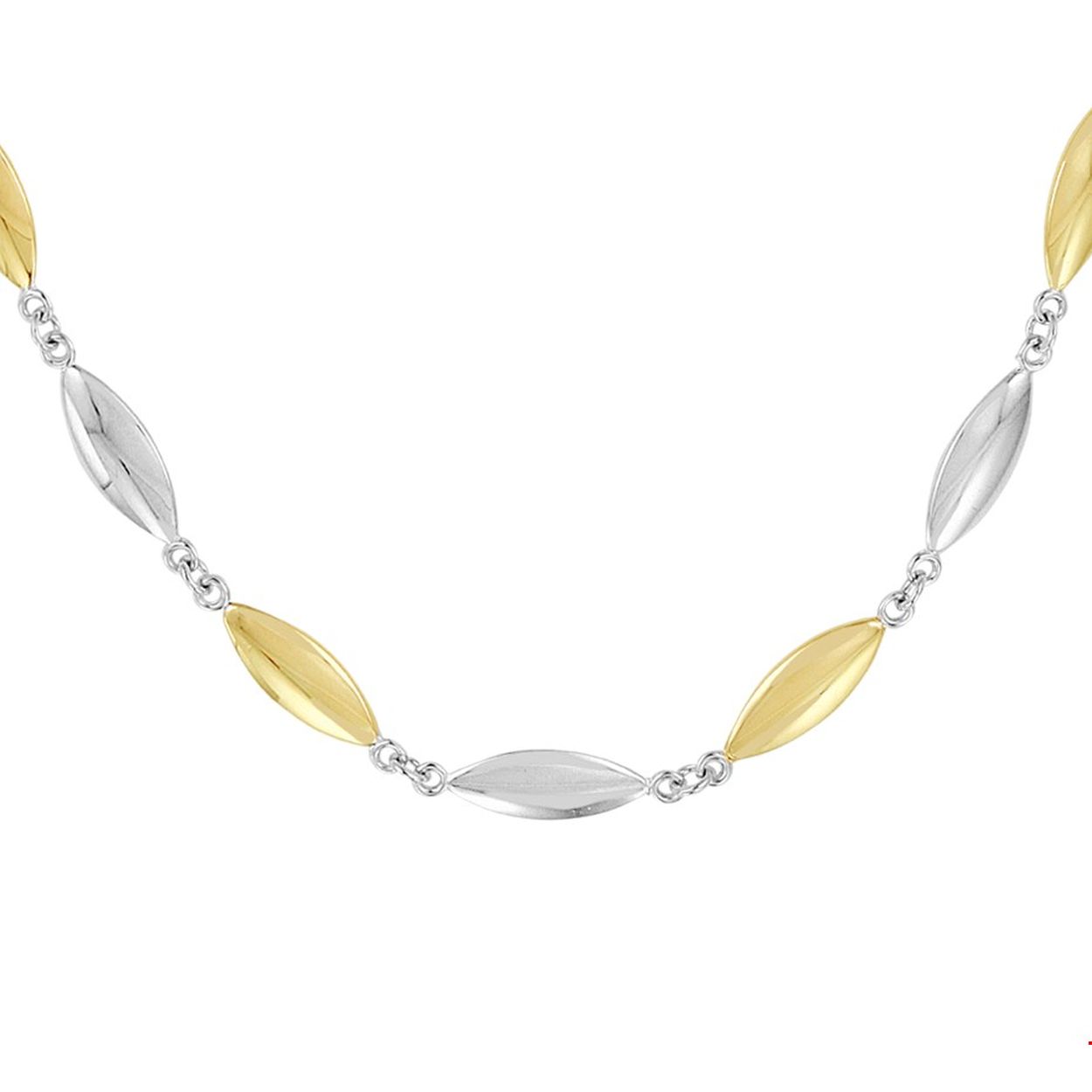 Bicolor wit- en geelgouden collier met een draaglengte van 45cm. Het collier heeft een poli afwerking en is uitgevoerd met een stevige karabijn sluiting. Glam up your outfit! Dit collier geeft je look direct een chique uitstraling.