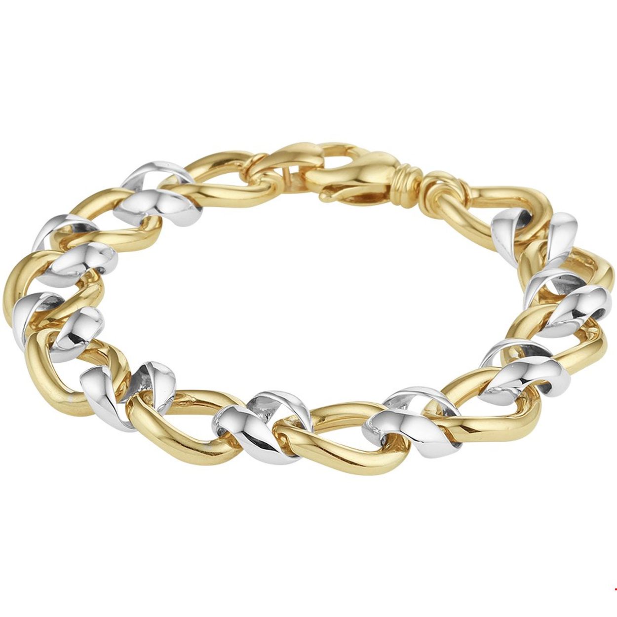 Een opvallende bicolor armband van 14k geel- en witgoud. De geelgouden gourmetschakels zijn iets groter dan de witgouden, wat de armband een speels uiterlijk geeft. De breedte van de schakel is 12mm, en de lengte van de armband is 19 cm. De armband sluit met een stevige karabijnsluiting.