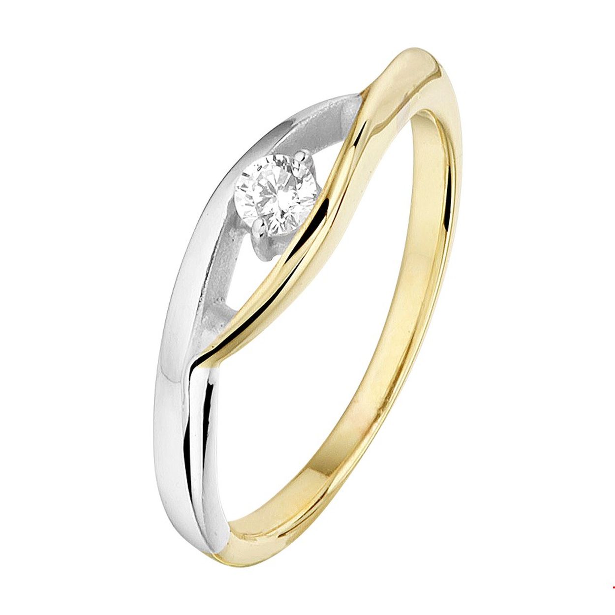 Huiscollectie - 14kt bicolor geel/witgouden damesring bezet met 1 zirconia