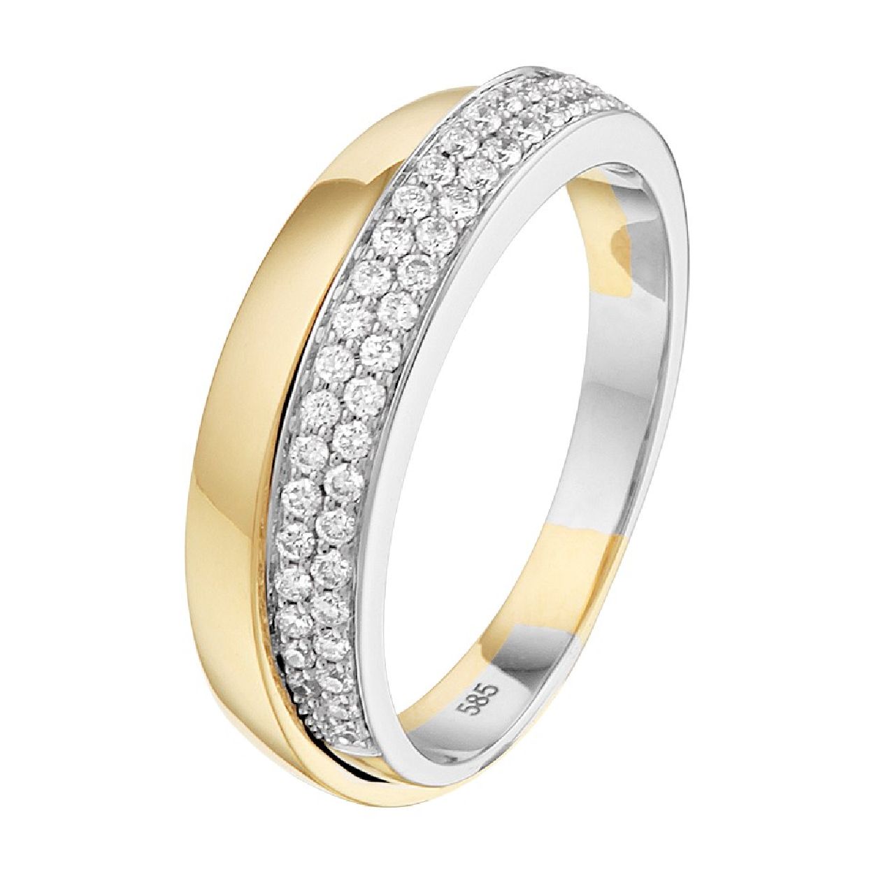 De ring is gemaakt van bicolor goud en is goudkleurig. Het is een sieraad voor dames.