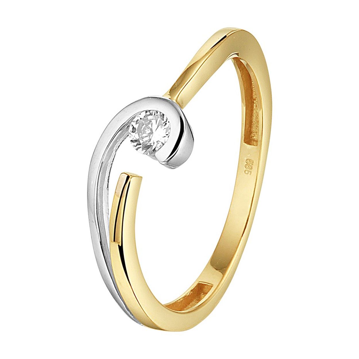 14k Bicolor geel- en witgouden ring uitgevoerd met een heldere zirkonia. De ring heeft een breedte van 5mm.