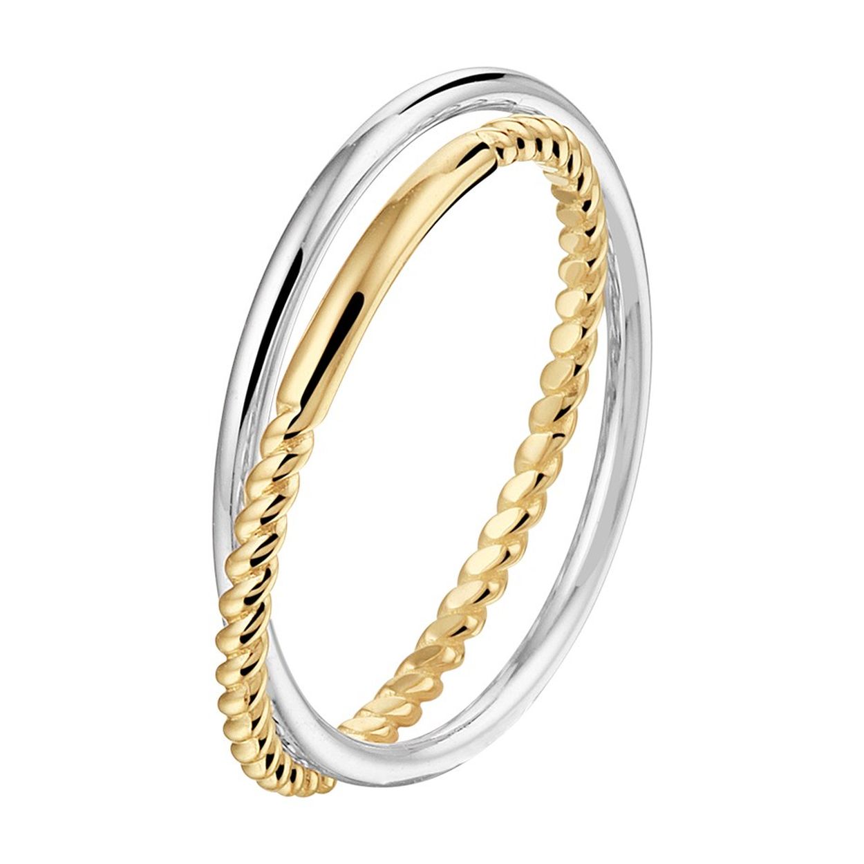 14k Bicolor geel- en witgouden ring bestaande uit twee in elkaar gedraaide ringen. Beide ringen hebben een breedte van 1.5mm.