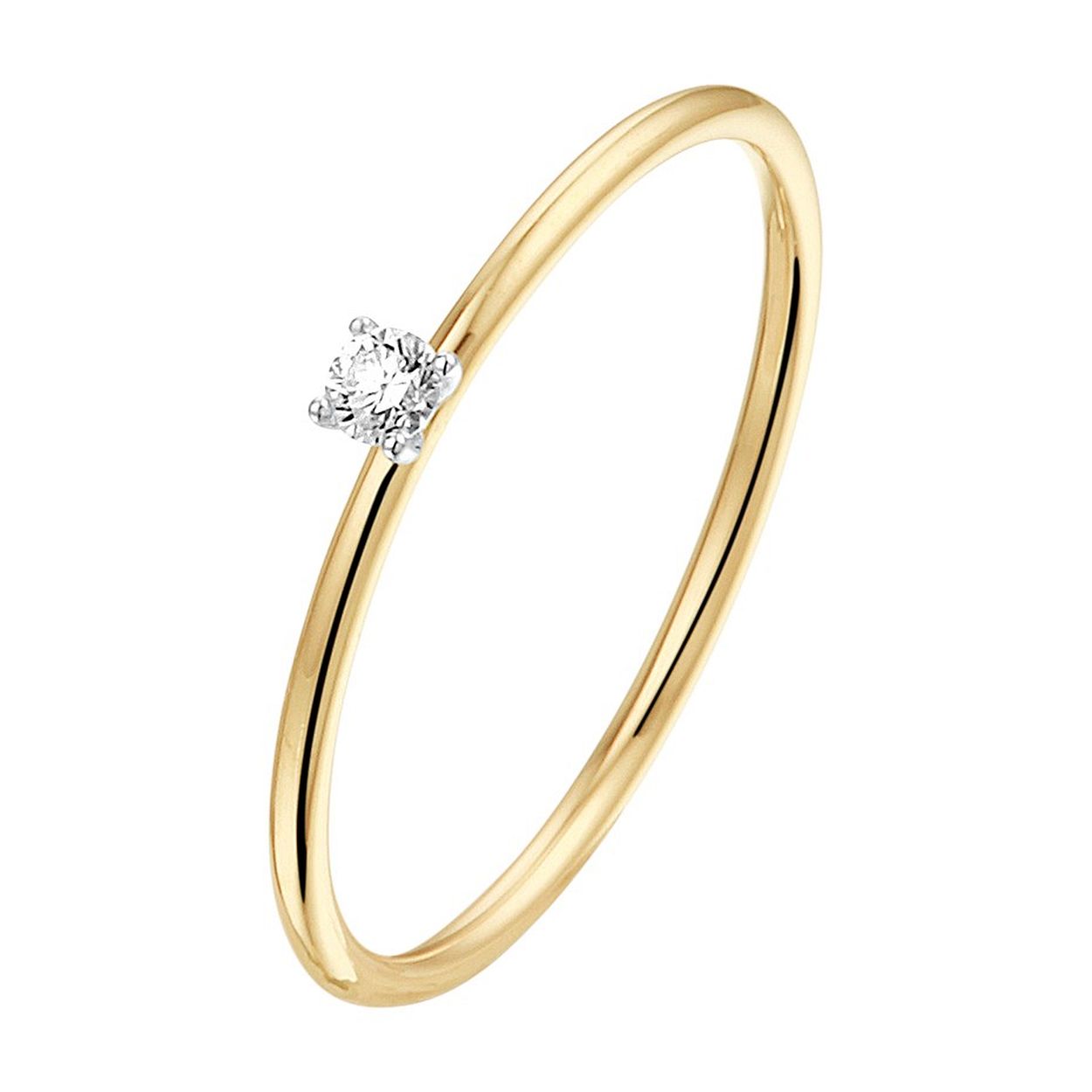 14k Bicolor geel- en witgouden ring uitgevoerd met een schitterende diamant. De ring heeft een breedte van 2.5mm.