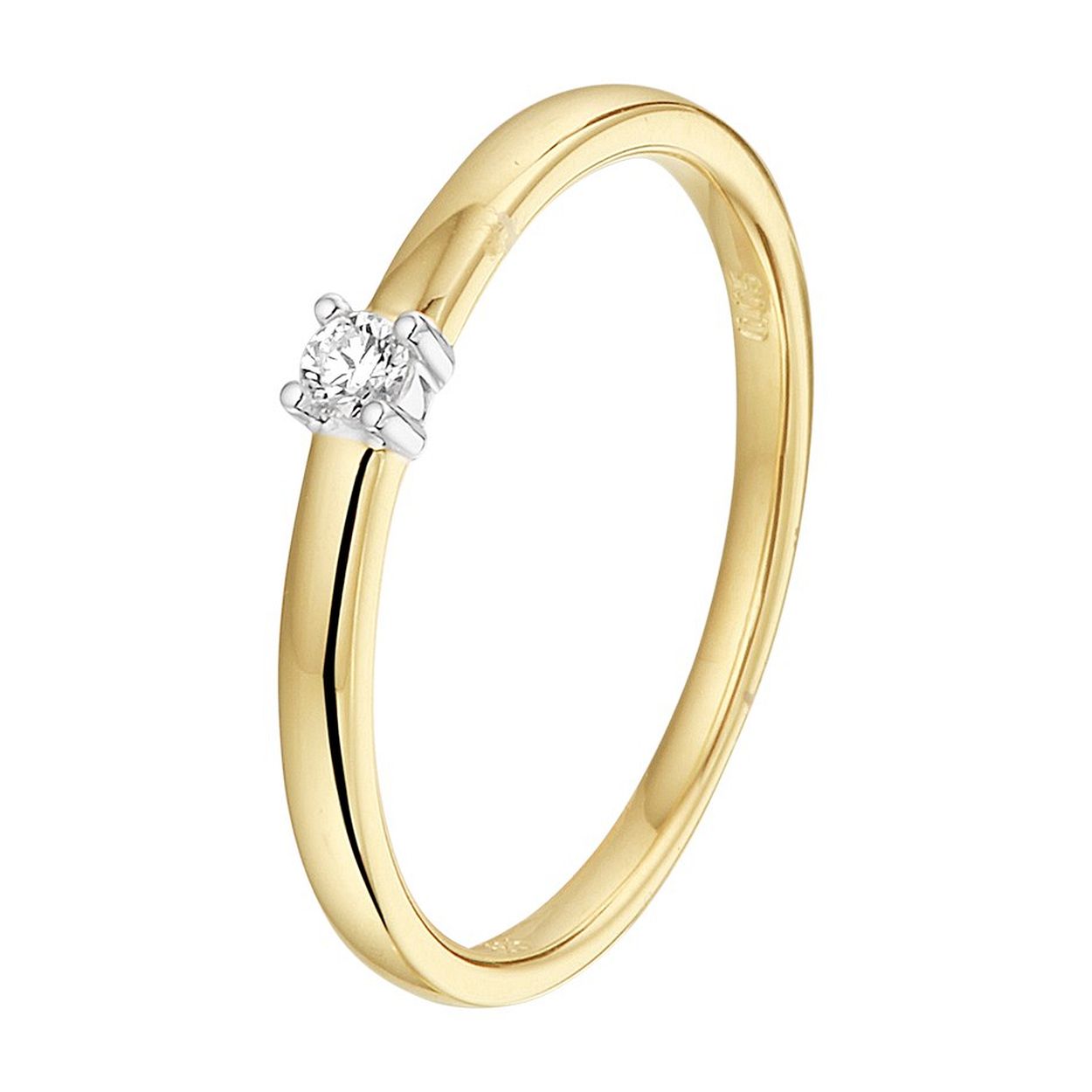 14k Bicolor geel- en witgouden ring uitgevoerd met een schitterende diamant. De ring heeft een breedte van 2.5mm.