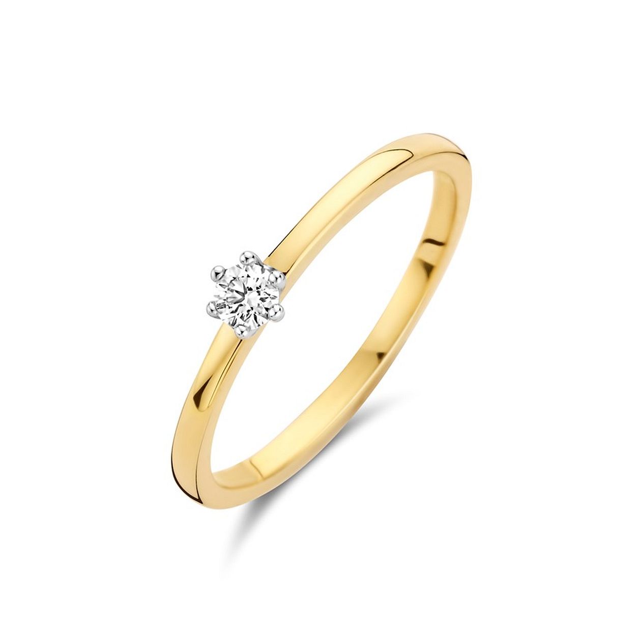 14k Bicolor geel- en witgouden ring uitgevoerd met een schitterende diamant. De ring heeft een breedte van 3.8mm.
