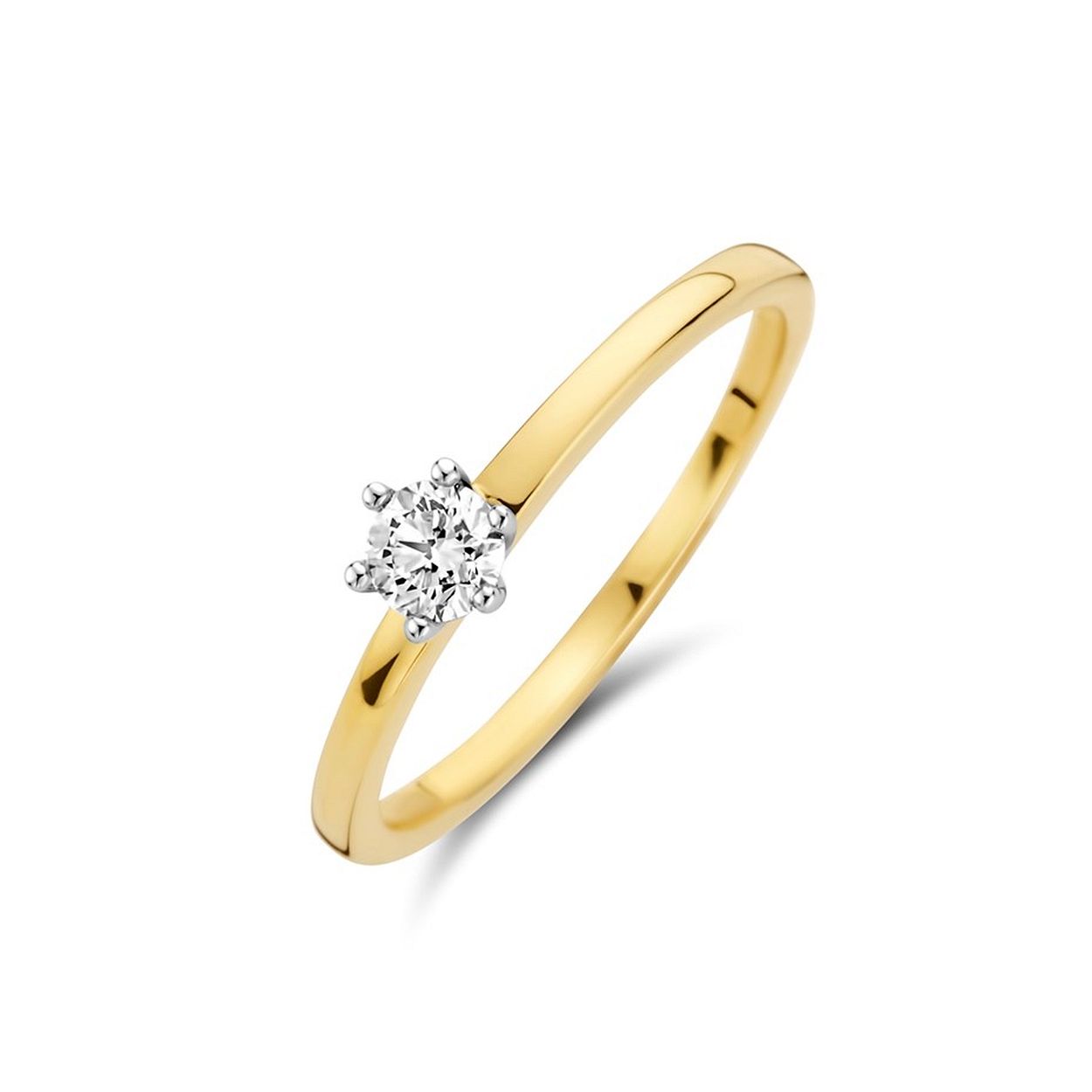 14k Bicolor geel- en witgouden ring uitgevoerd met een schitterende diamant. De ring heeft een breedte van 4.5mm.