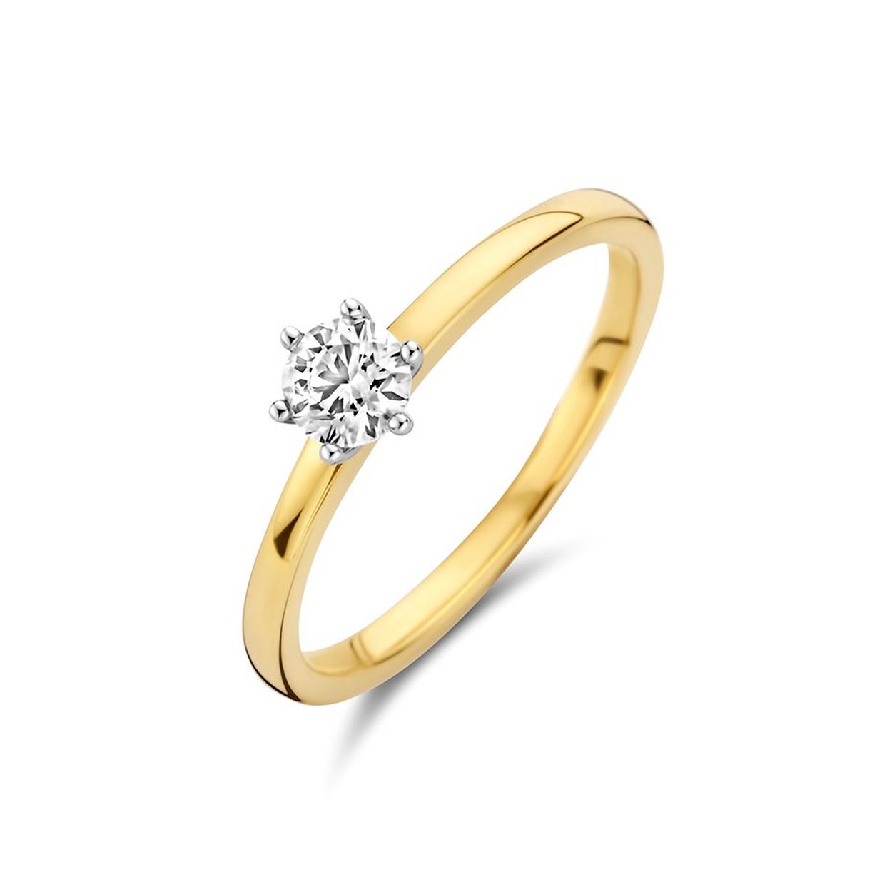 14k Bicolor geel- en witgouden ring uitgevoerd met een schitterende diamant. De ring heeft een breedte van 5.2mm.