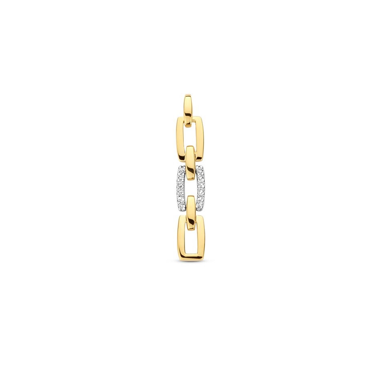 14k Bicolor geel- en witgouden hanger uitgevoerd met een schitterende diamant rij. De hanger heeft een totale hoogte van 3cm en een breedte van 5mm.