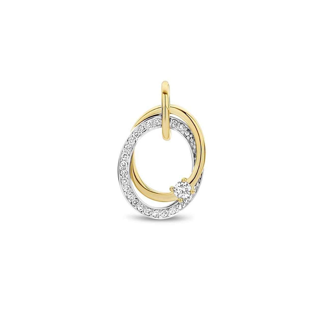14krt Bicolor geel- en witgouden hanger uitgevoerd met schitterend diamant. De hanger heeft een totale hoogte van 1.8cm en een breedte van 11.8mm.