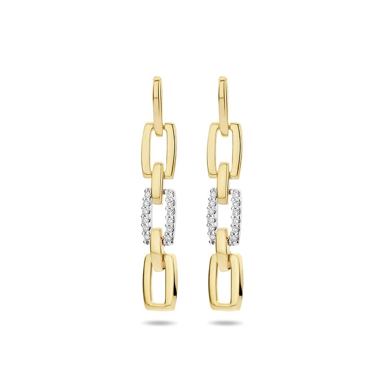 14k Bicolor geel- en witgouden oorhangers uitgevoerd met een schitterende diamant rij. De oorhangers hebben een afmeting van 30x5mm.