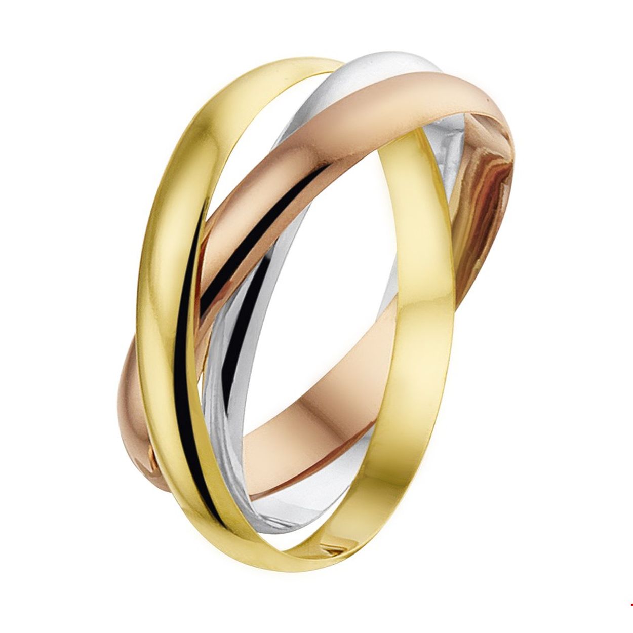 Beschrijving: Tricolor wit- rose- en geelgouden ring bestaande uit 3 in elkaar geplaatste losse ringen.
Uniekenummer serie: 30586
Verpakt per: 1
Doelgroep: dames
Ringmaat: 16.50 mm (52)
Breedte: 2.5 mm