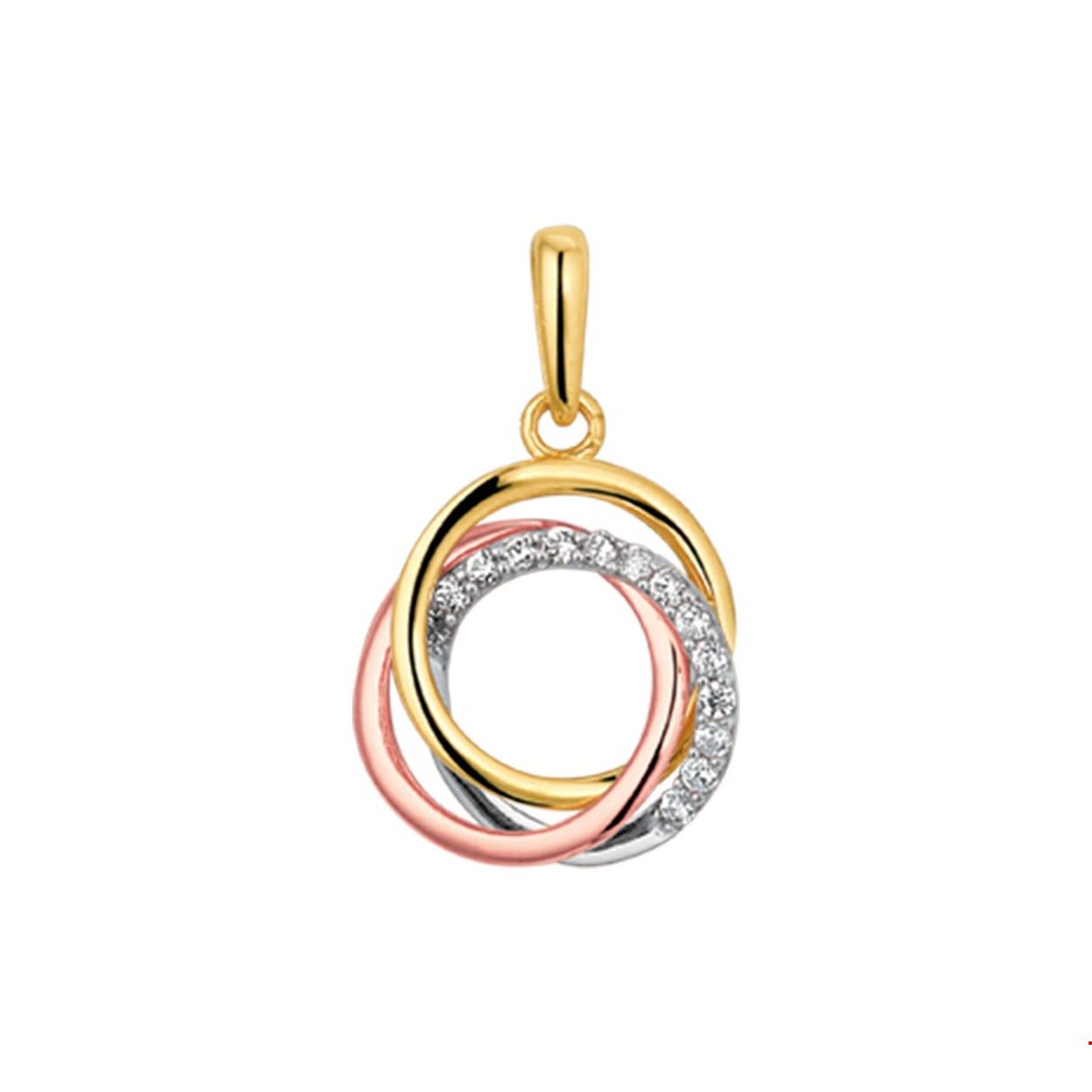 14 krt gouden hanger in drie kleuren goud, rood-, wit- en geelgoud met zirkonia