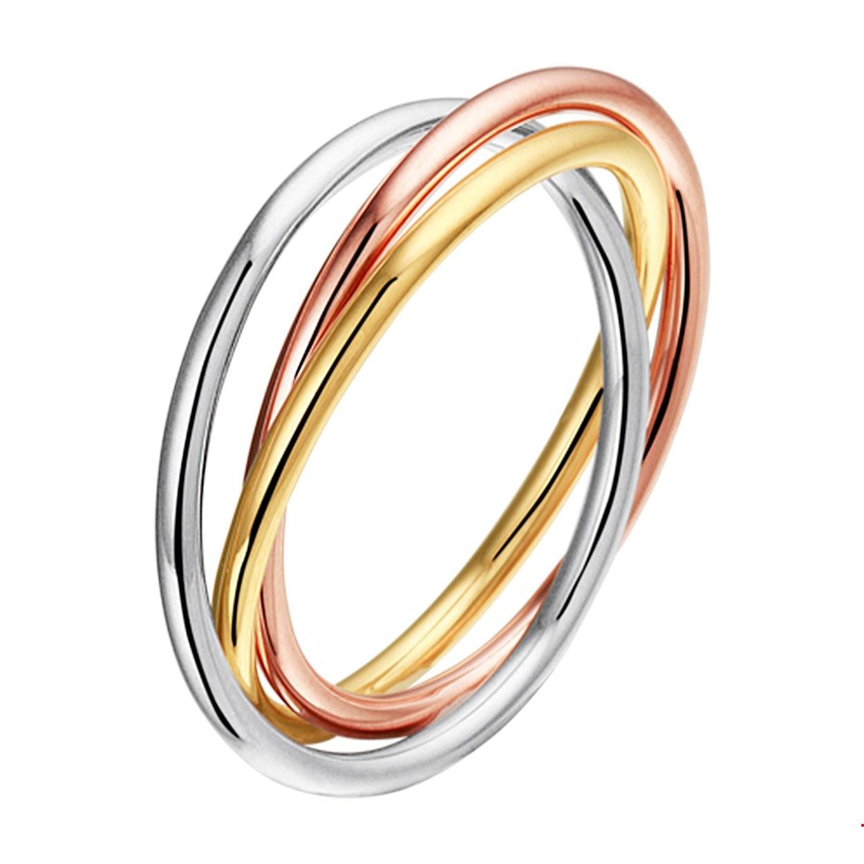 Fijne en stijlvolle damesring uitgevoerd in tricolor geel- rose- en witgoud van elk 1.5mm breed. 

Door het model en de metaalkleuren is deze ring perfect te combineren met andere sieraden.