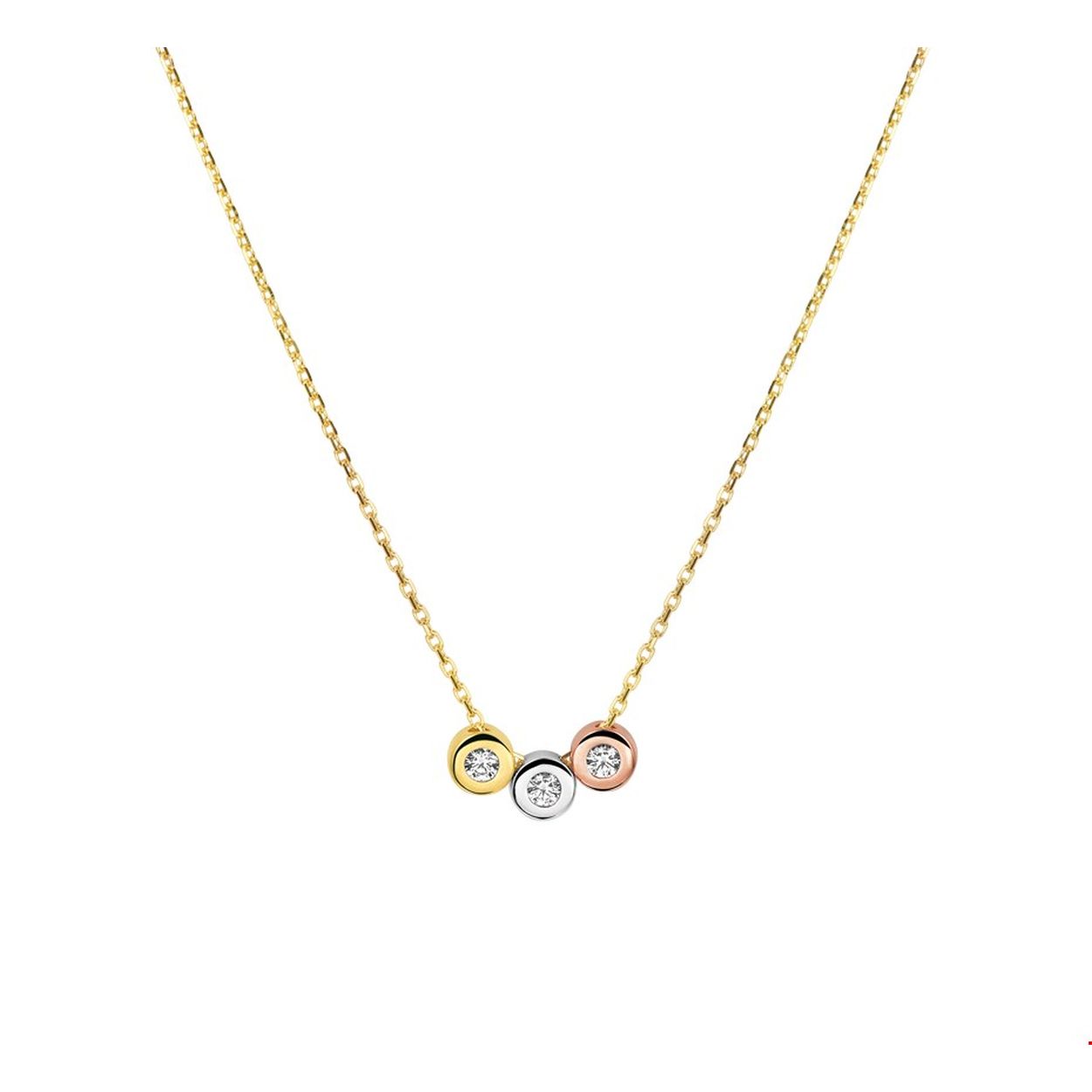 Beschrijving: Stijlvol tricolor geel rose en witgouden 1mm anker collier met draaglengtes van 42cm 44cm en 46cm uitgevoerd met een rijzetting van 3 briljant geslepen zirkonia in een zetkast van 4.5mm. Door het simplistische design is dit collier gemakkelijk te combineren met andere sieraden uit onze collectie of uit je eigen stash. Zo creeer je elke keer weer een nieuwe look!.
Verpakt per: 1
Doelgroep: dames
Kortste lengte: 42 mm
Langste lengte: 46 mm
Zetting: entourage (kastzetting)