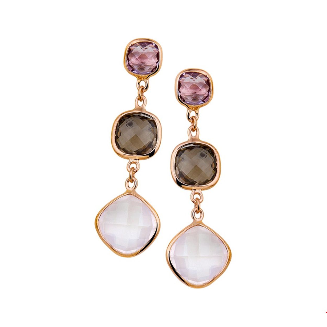 Beschrijving: Juist door het simplistische design is dit een echte eyecatcher. Ontdek hoe de kleuren van het goud en de edelstenen elkaar versterken. Details: Rosegouden oorhangers met paars amethyst, bruin rookkwarts en roze rozenkwarts.  
Verpakt per: 1
Doelgroep: dames
Breedte: 12 mm
Hoogte: 41 mm